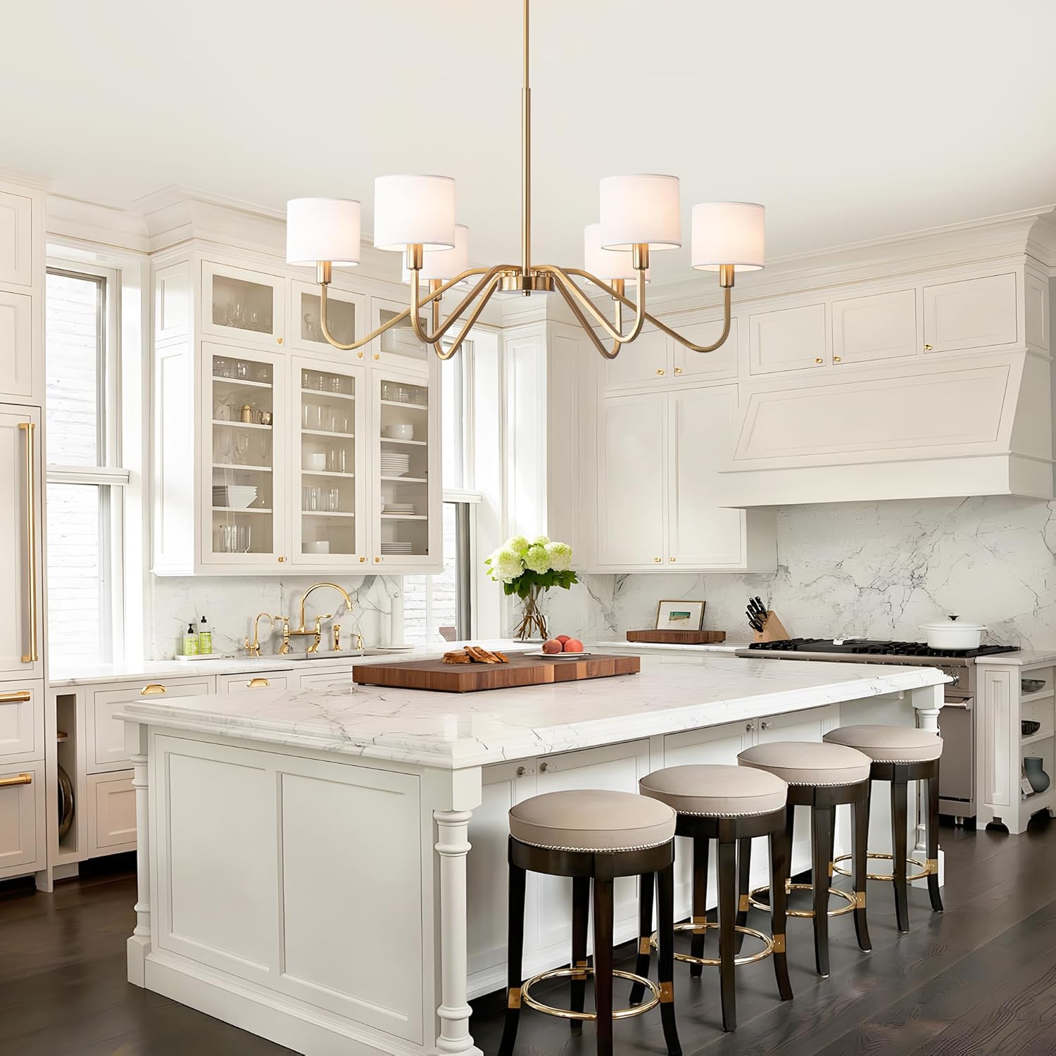 Modern 6-Light Gold Chandelier with White Fabric Shades, Adjustable E12 Dining Room Pendant