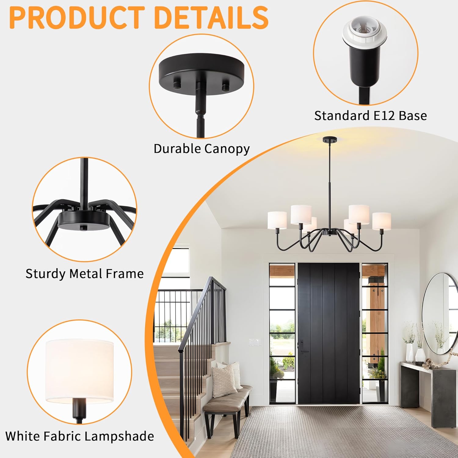 Modern 6-Light Black Chandelier with White Fabric Shades, Adjustable E12 Dining Room Pendant