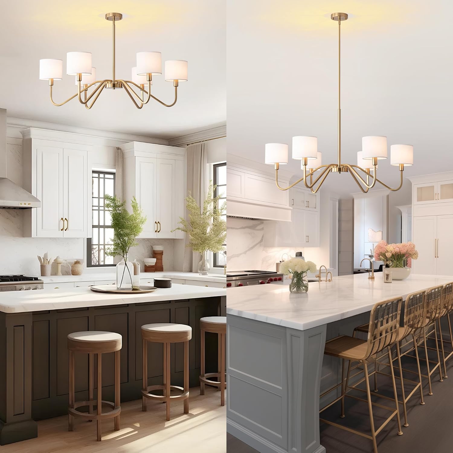 Modern 6-Light Gold Chandelier with White Fabric Shades, Adjustable E12 Dining Room Pendant