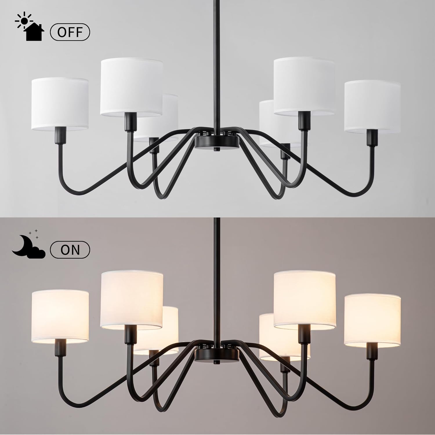 Modern 6-Light Black Chandelier with White Fabric Shades, Adjustable E12 Dining Room Pendant