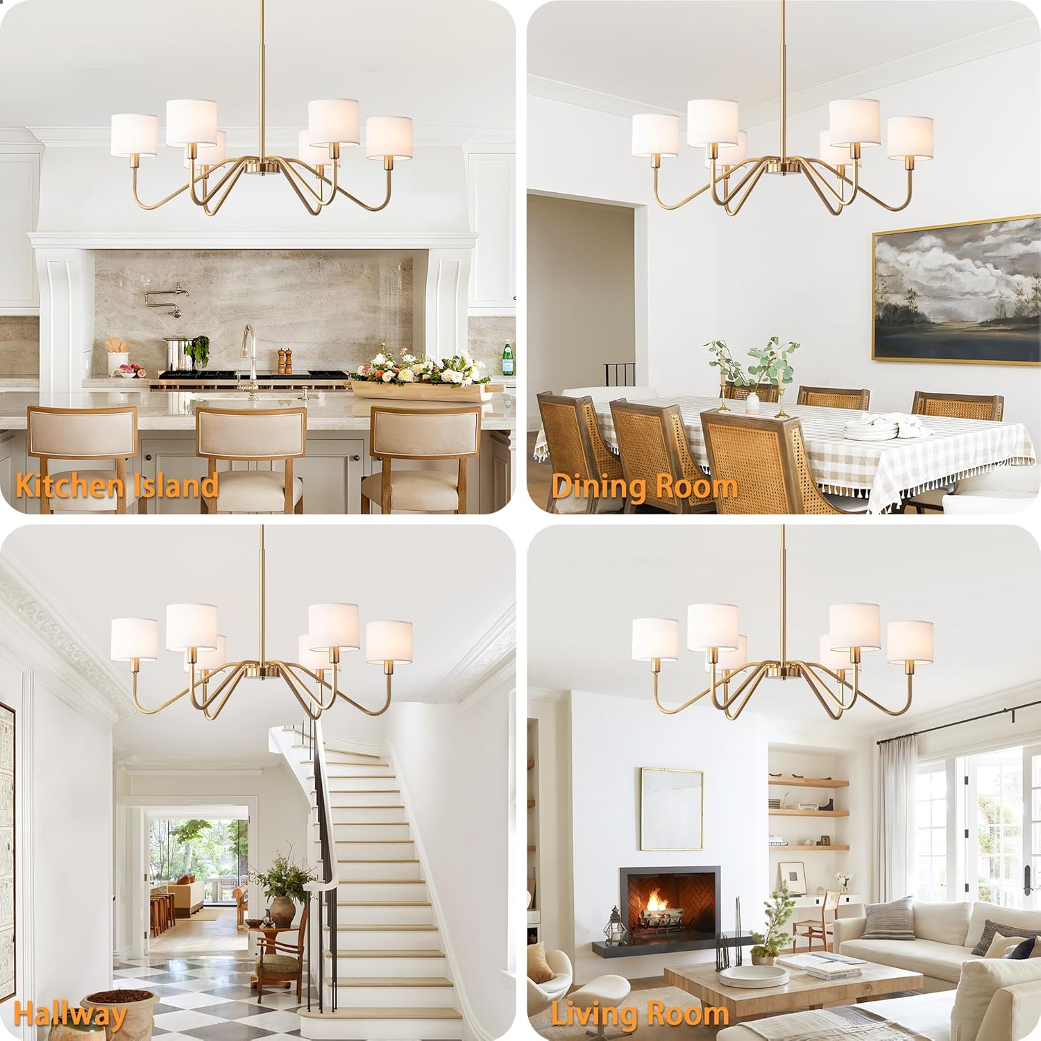 Modern 6-Light Gold Chandelier with White Fabric Shades, Adjustable E12 Dining Room Pendant