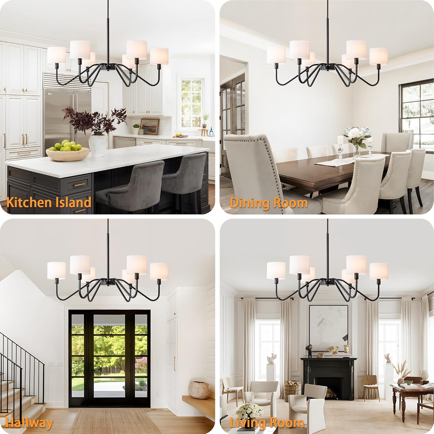 Modern 6-Light Black Chandelier with White Fabric Shades, Adjustable E12 Dining Room Pendant