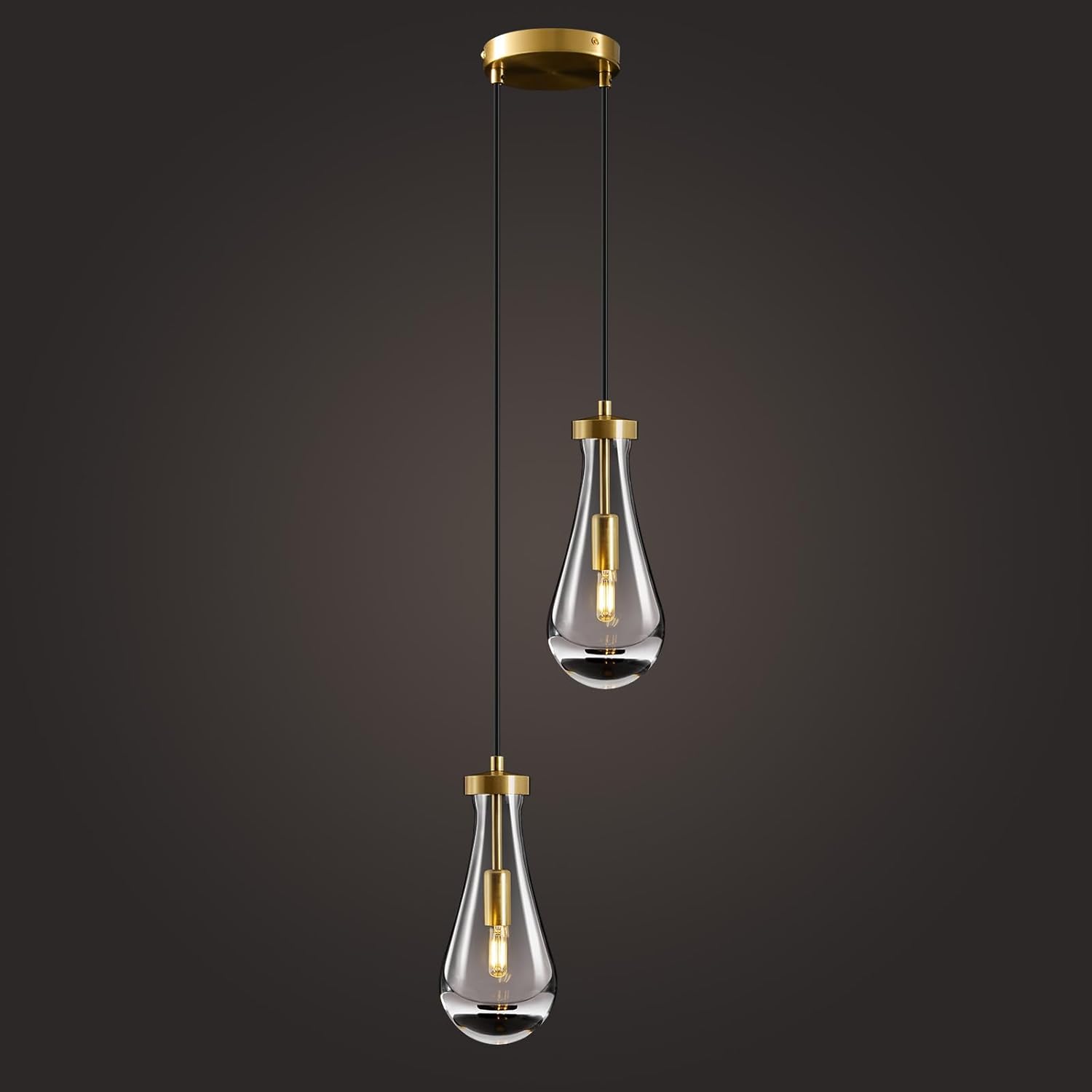 Modern 2-Light Gold Clear Glass Teardrop Pendant Light with Adjustable 87-Inch Cords, E12 Bulbs Included