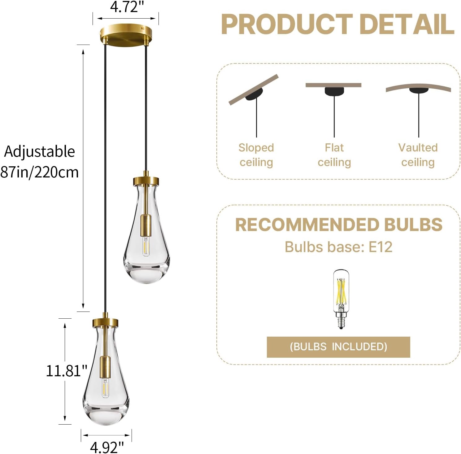 Modern 2-Light Gold Clear Glass Teardrop Pendant Light with Adjustable 87-Inch Cords, E12 Bulbs Included