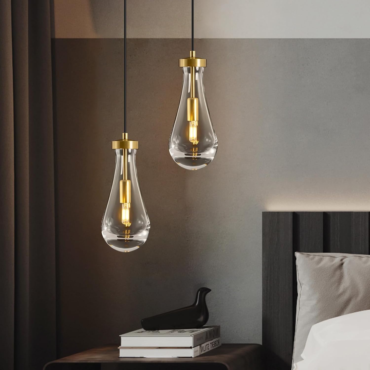 Modern 2-Light Gold Clear Glass Teardrop Pendant Light with Adjustable 87-Inch Cords, E12 Bulbs Included