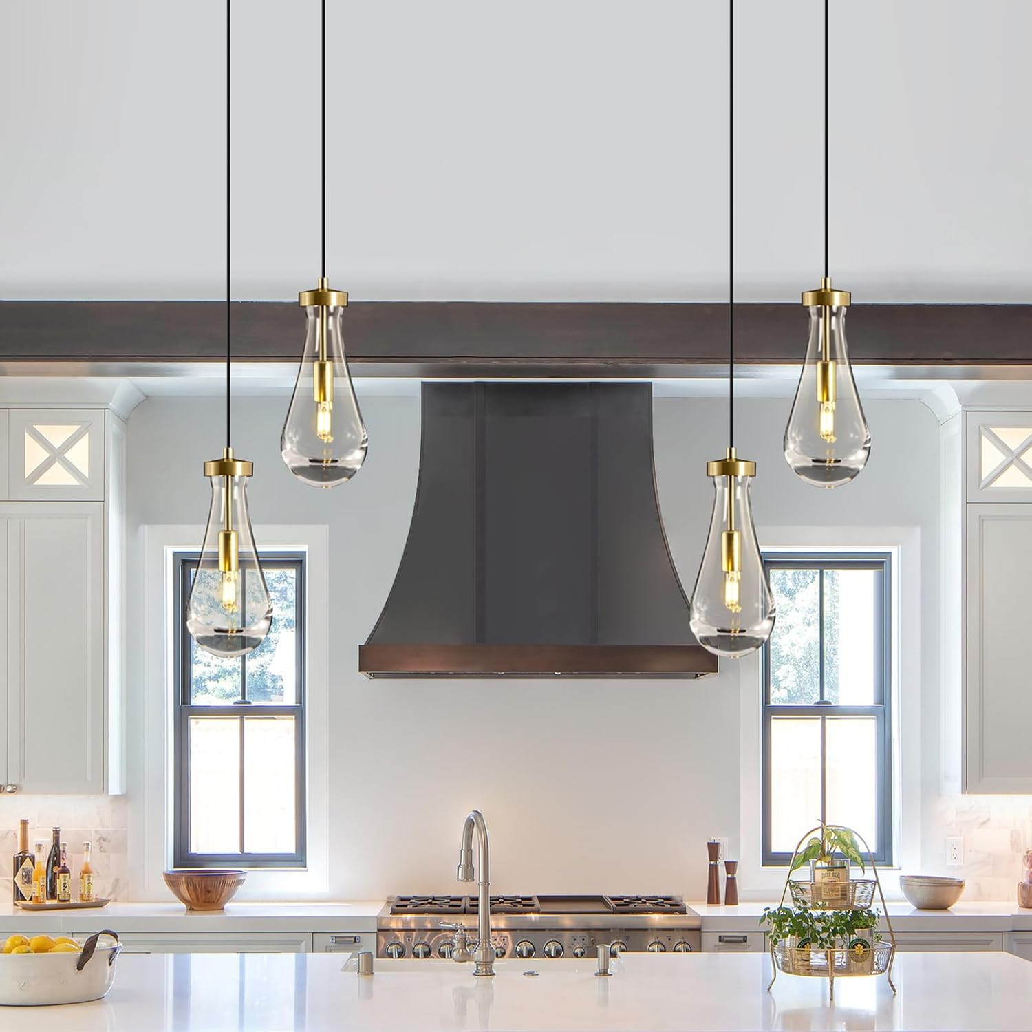 Modern 2-Light Gold Clear Glass Teardrop Pendant Light with Adjustable 87-Inch Cords, E12 Bulbs Included