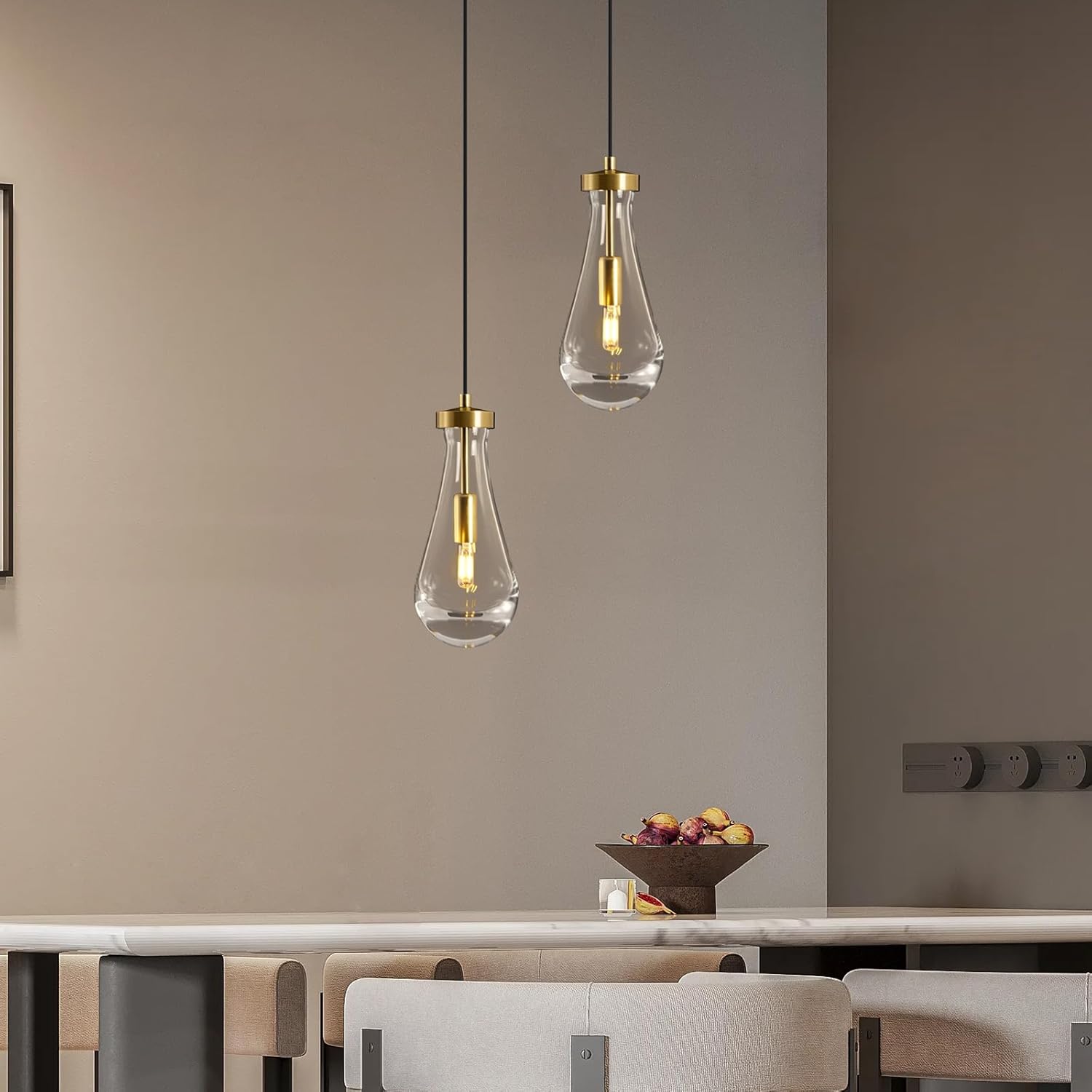 Modern 2-Light Gold Clear Glass Teardrop Pendant Light with Adjustable 87-Inch Cords, E12 Bulbs Included