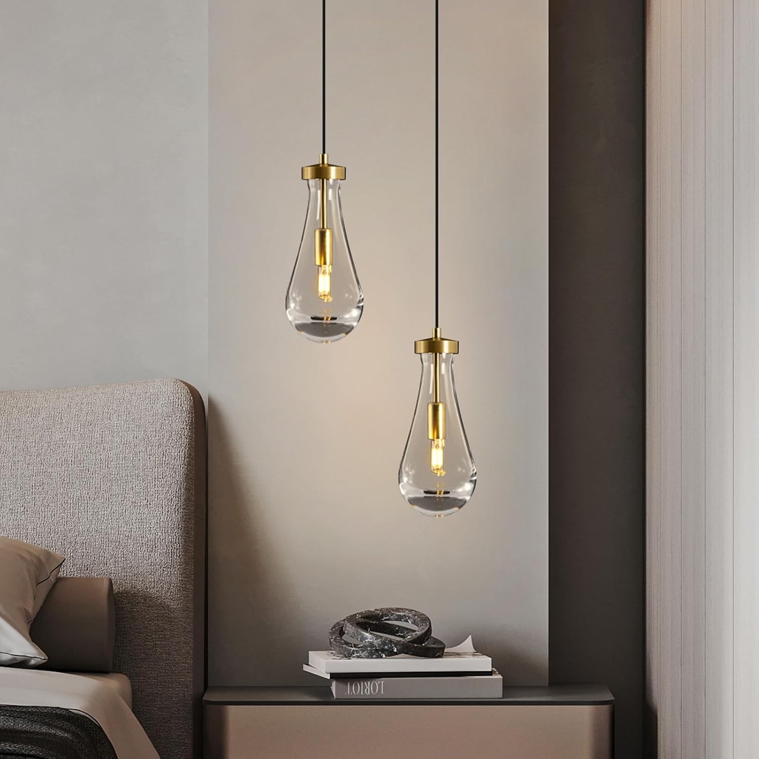 Modern 2-Light Gold Clear Glass Teardrop Pendant Light with Adjustable 87-Inch Cords, E12 Bulbs Included
