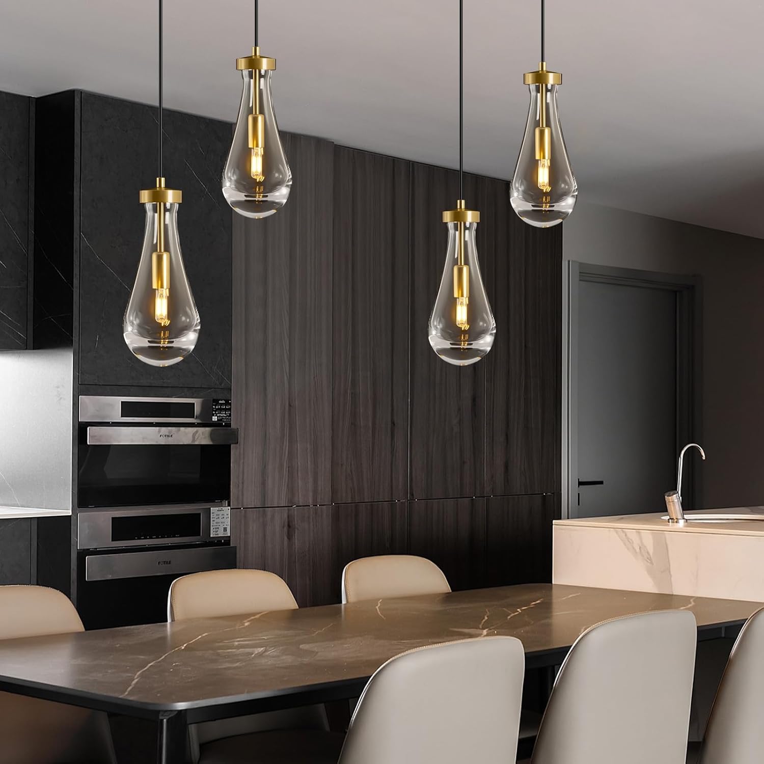 Modern 2-Light Gold Clear Glass Teardrop Pendant Light with Adjustable 87-Inch Cords, E12 Bulbs Included