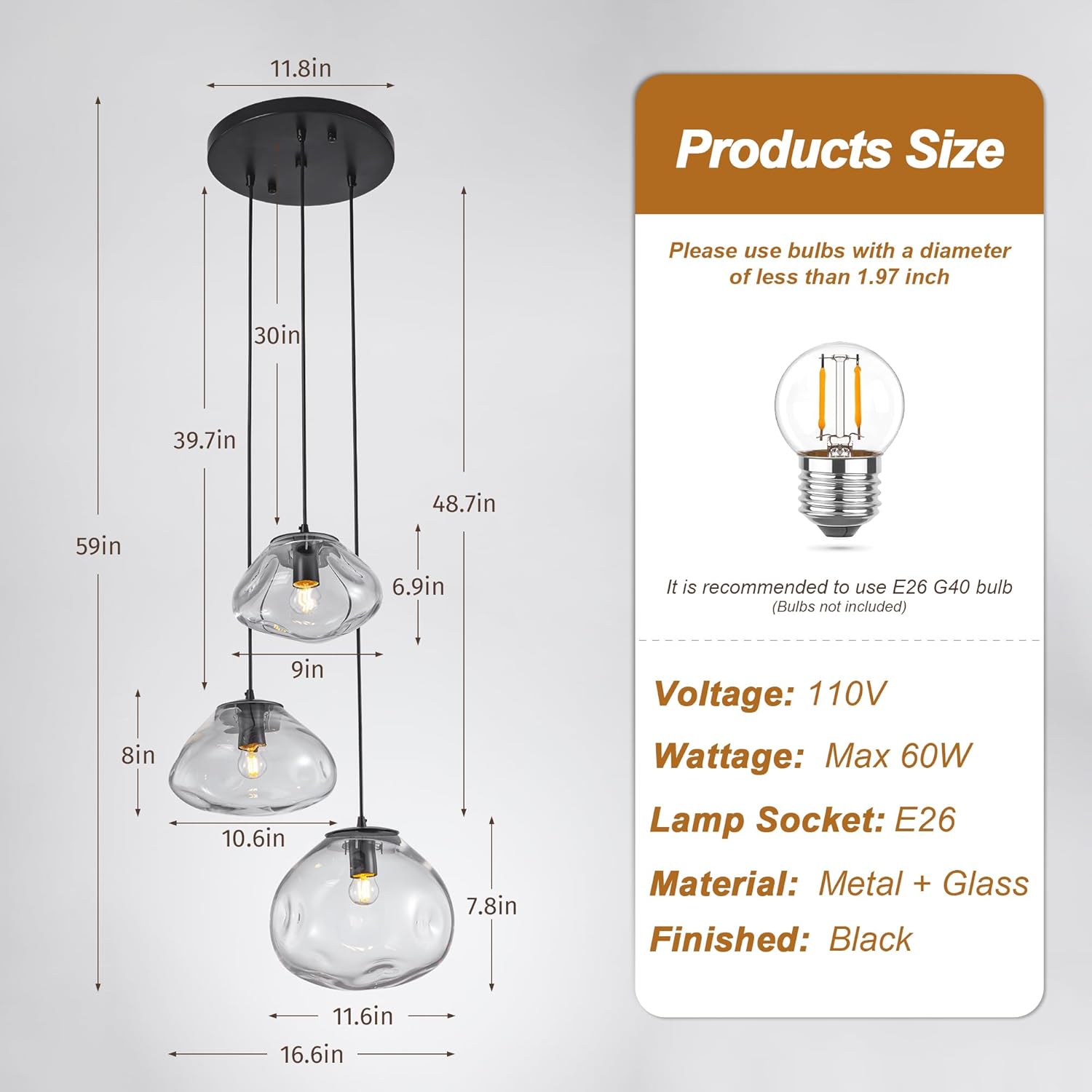 Modern 3-Light Clear Glass Cluster Pendant Light with Adjustable Black Cords, E26, 110V