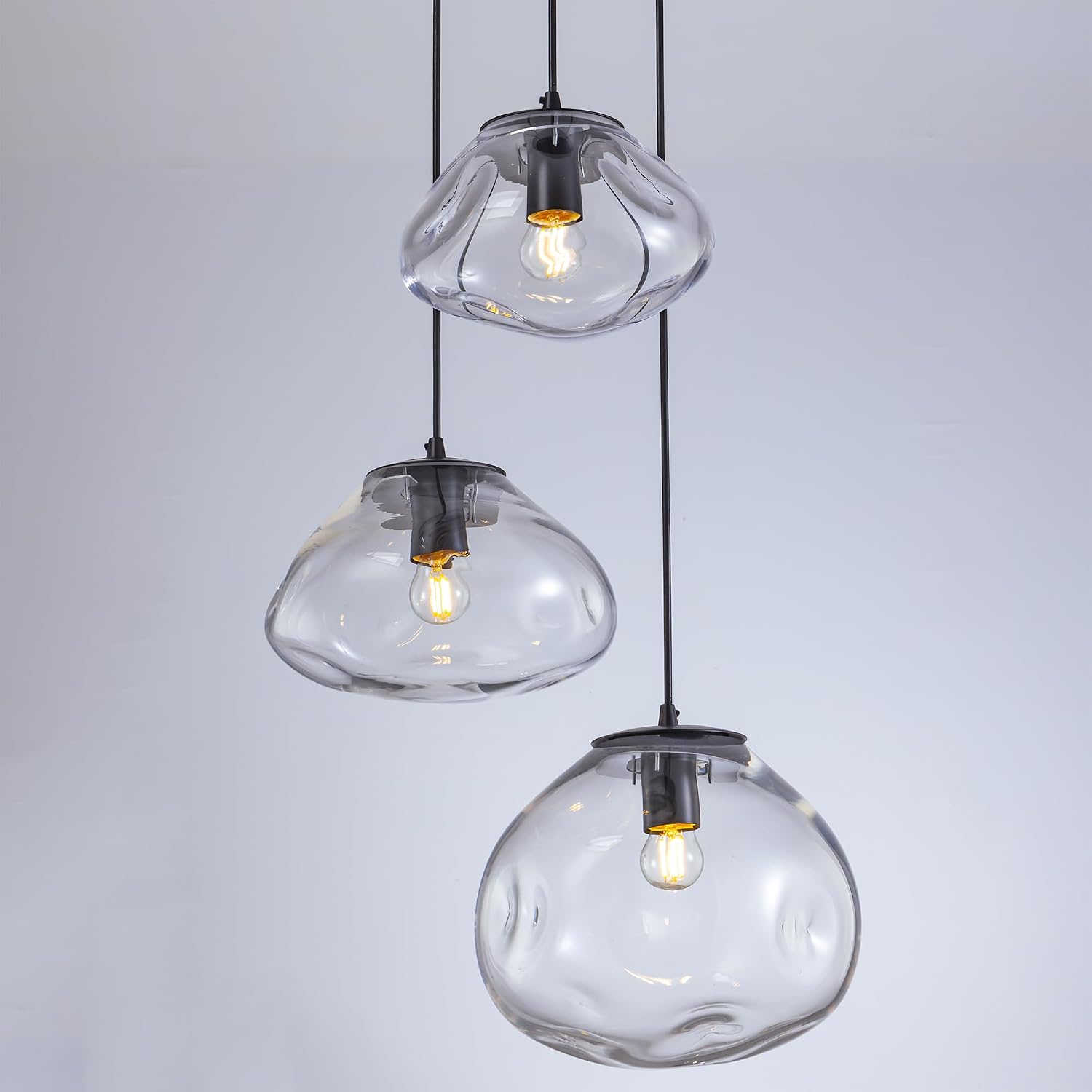 Modern 3-Light Clear Glass Cluster Pendant Light with Adjustable Black Cords, E26, 110V