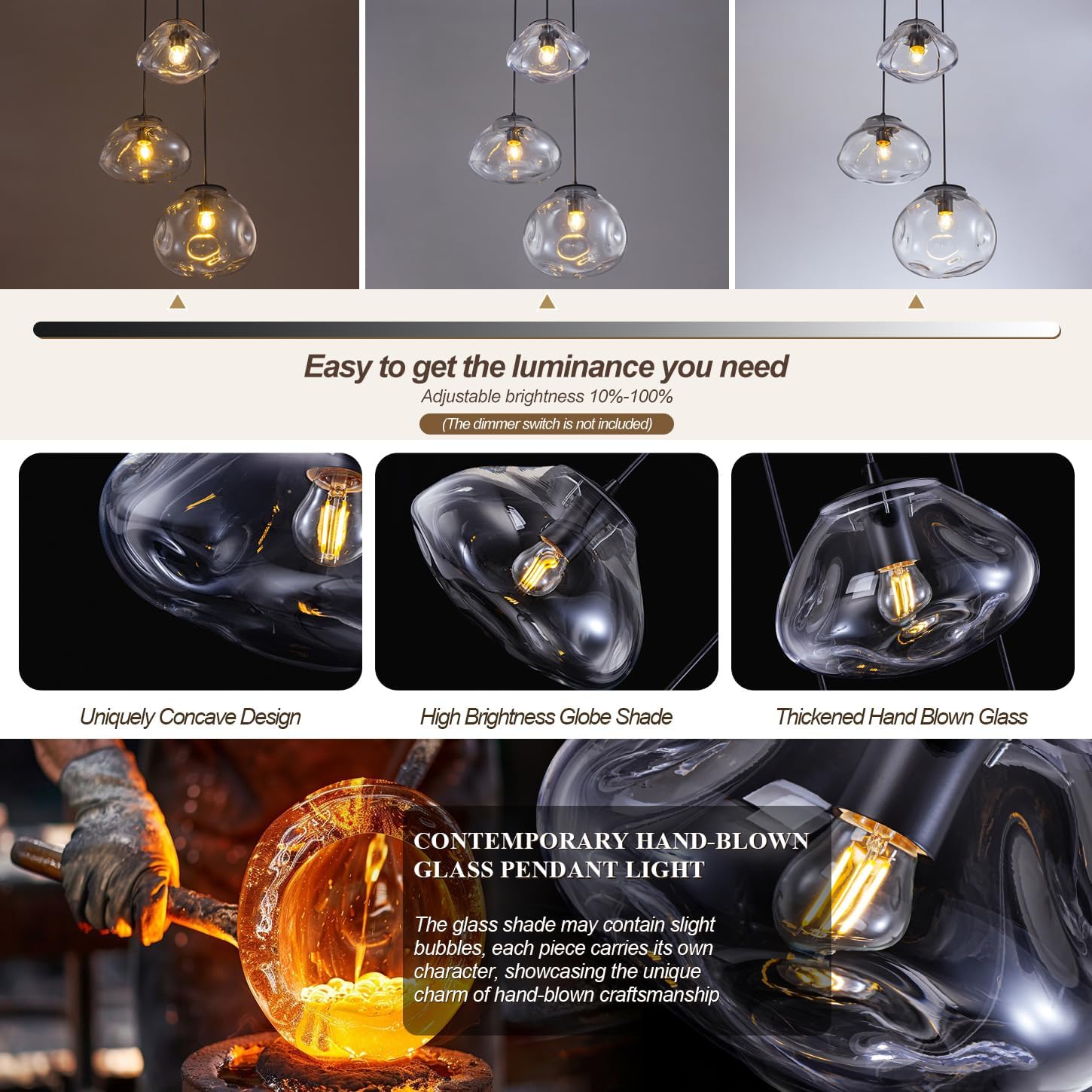 Modern 3-Light Clear Glass Cluster Pendant Light with Adjustable Black Cords, E26, 110V