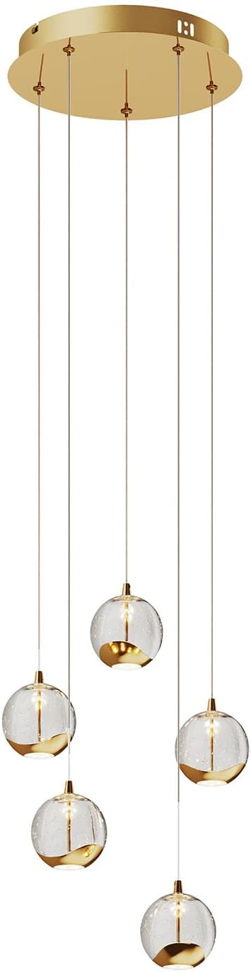 Modern 5-Light Gold Bubble Glass LED Cluster Pendant Chandelier with Adjustable Cords