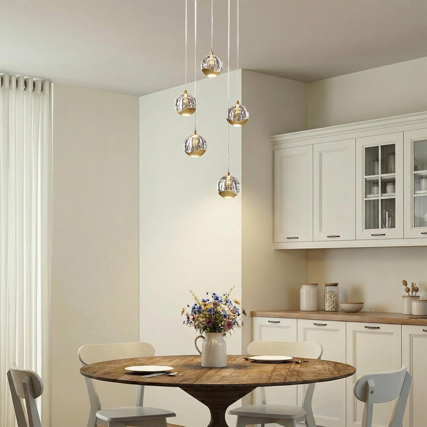 Modern 5-Light Gold Bubble Glass LED Cluster Pendant Chandelier with Adjustable Cords
