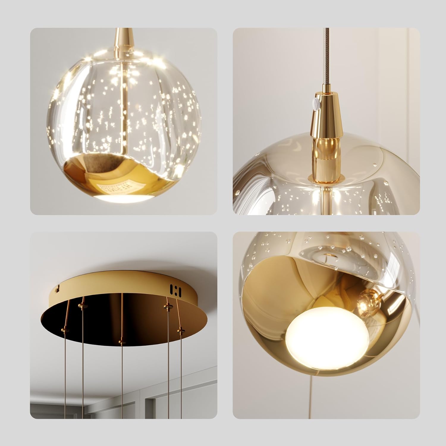 Modern 5-Light Gold Bubble Glass LED Cluster Pendant Chandelier with Adjustable Cords