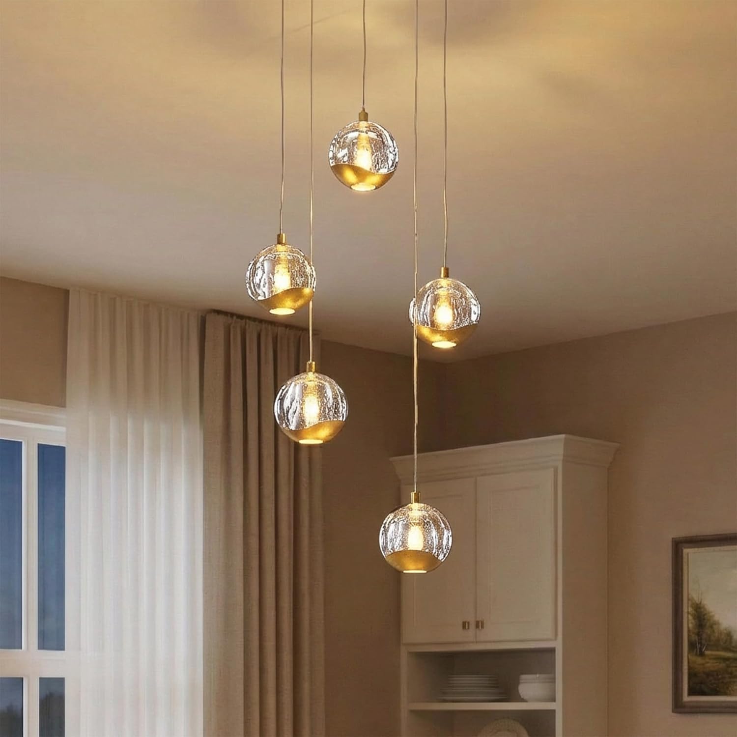 Modern 5-Light Gold Bubble Glass LED Cluster Pendant Chandelier with Adjustable Cords
