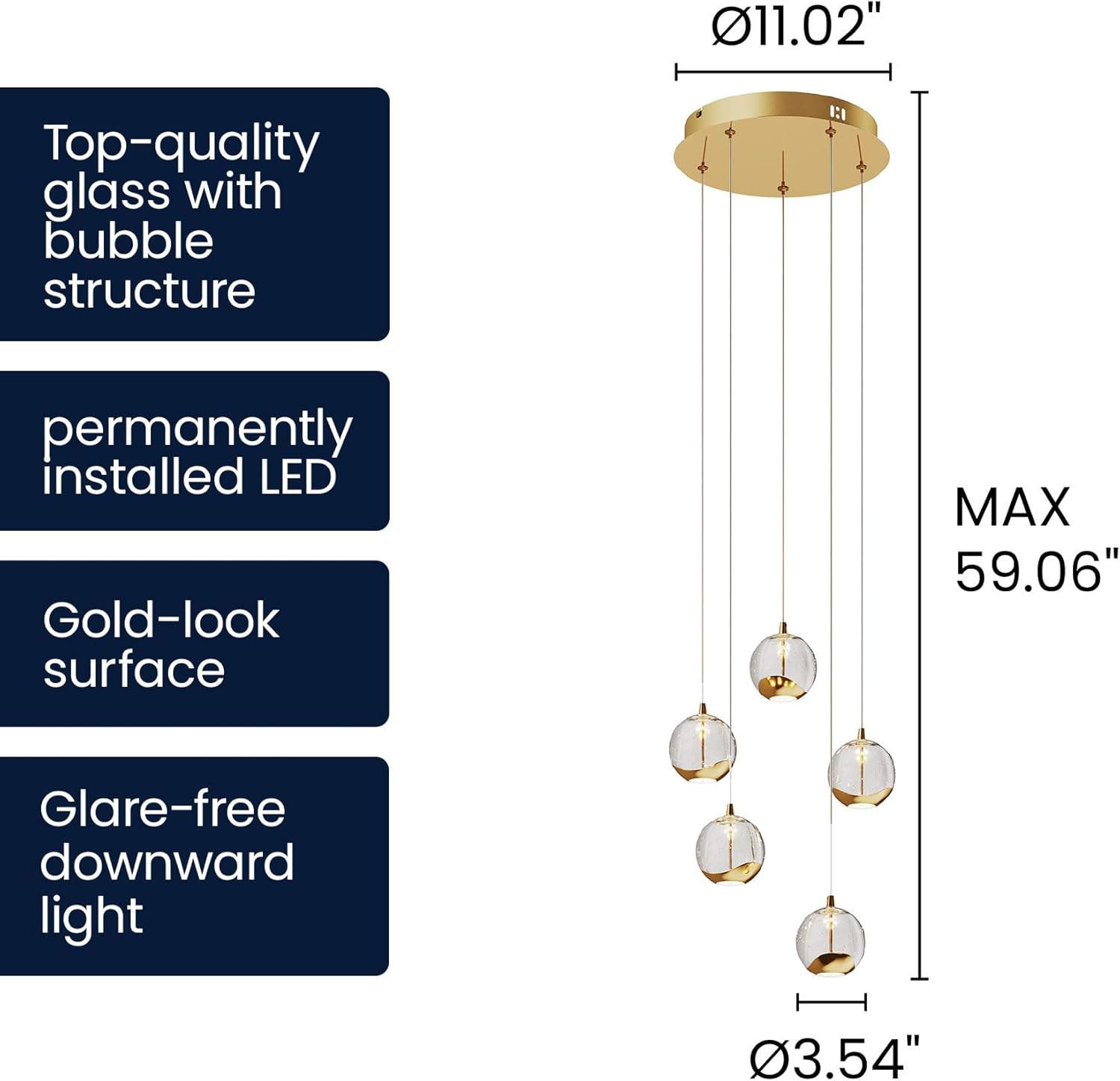 Modern 5-Light Gold Bubble Glass LED Cluster Pendant Chandelier with Adjustable Cords