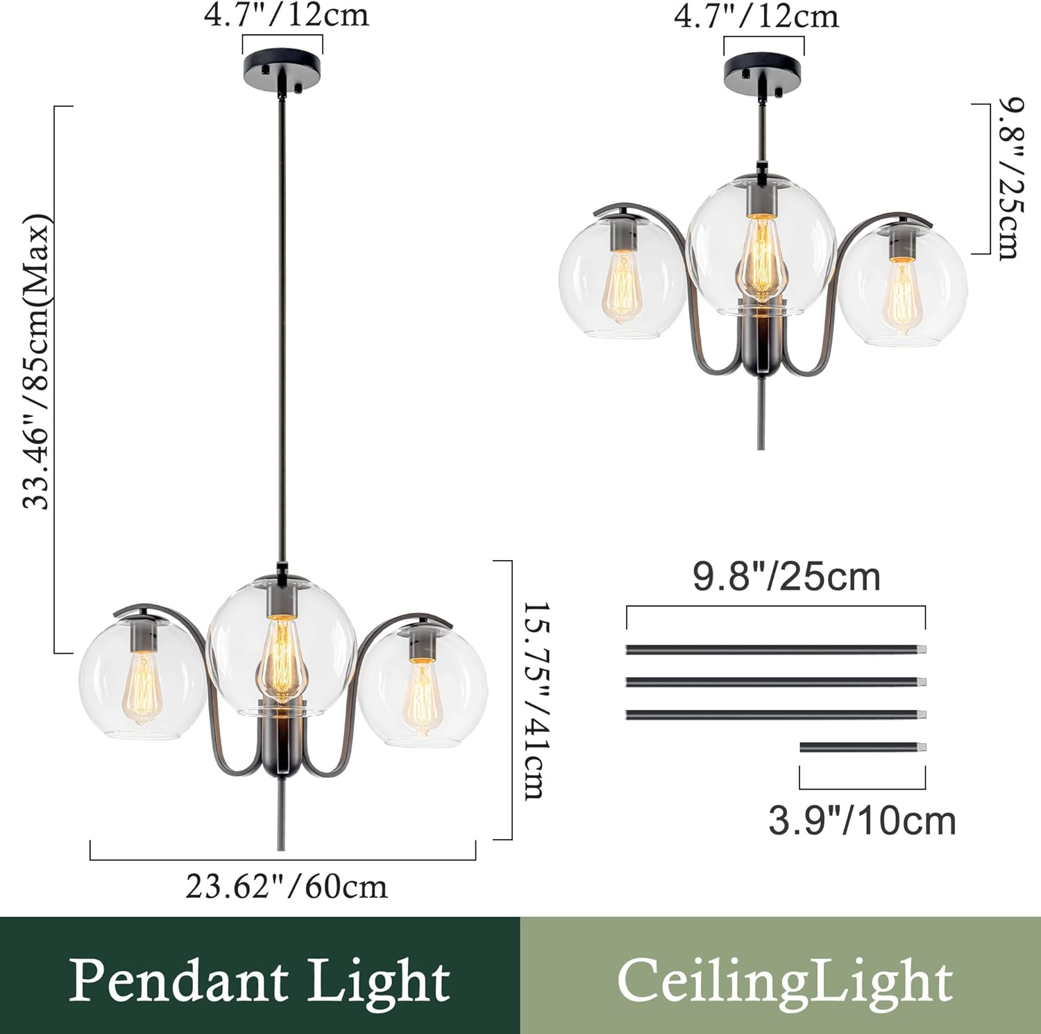 Modern 3-Light Clear Glass Globe Pendant Chandelier Adjustable Black Ceiling Light