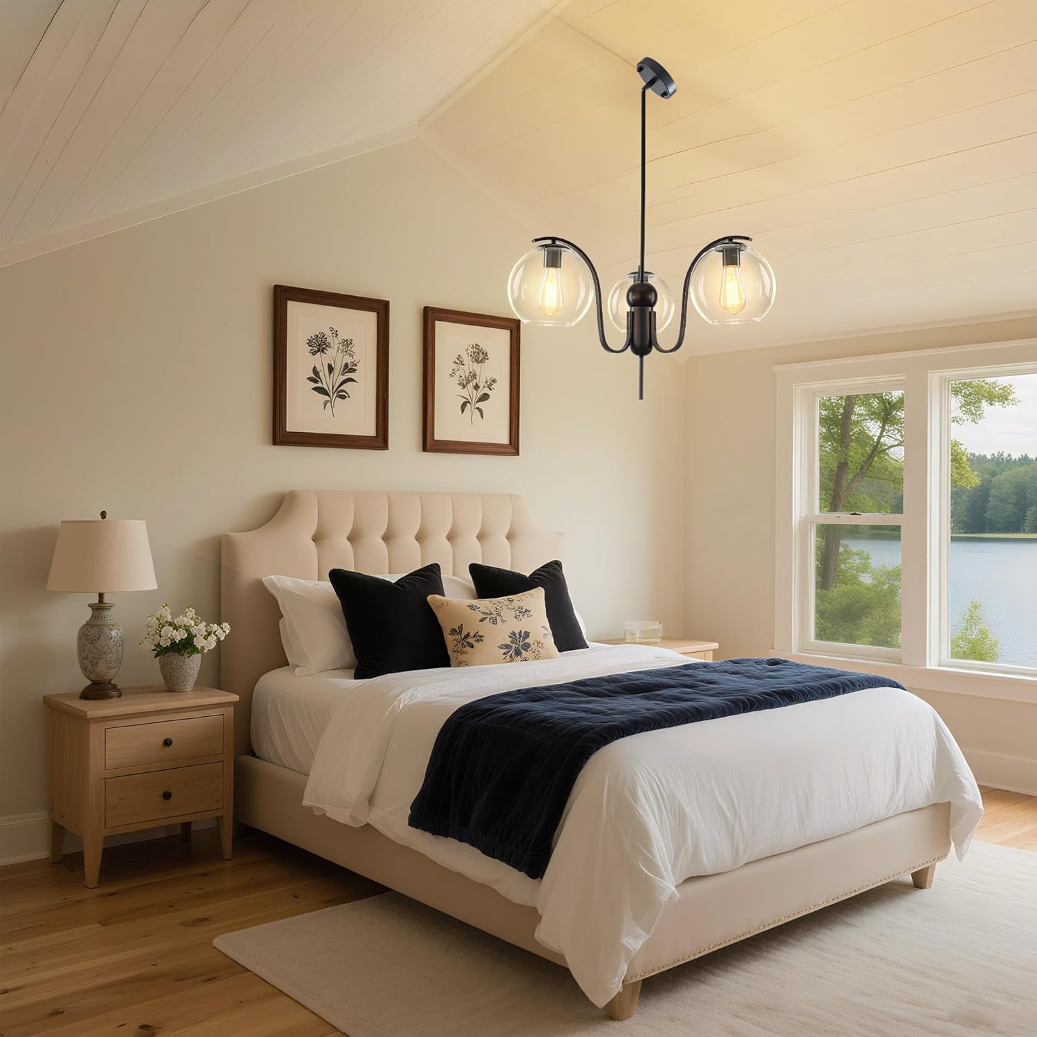 Modern 3-Light Clear Glass Globe Pendant Chandelier Adjustable Black Ceiling Light