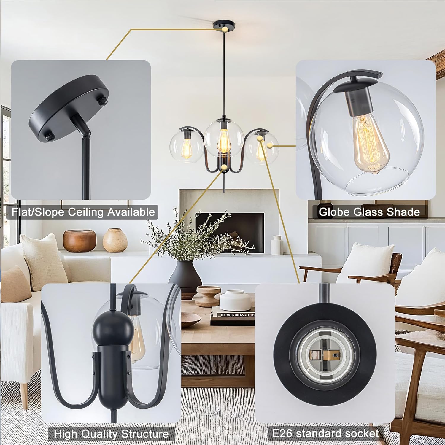 Modern 3-Light Clear Glass Globe Pendant Chandelier Adjustable Black Ceiling Light