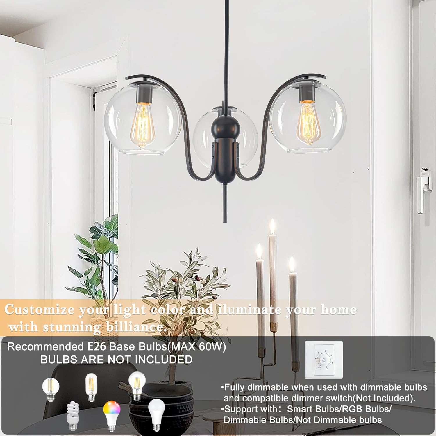 Modern 3-Light Clear Glass Globe Pendant Chandelier Adjustable Black Ceiling Light