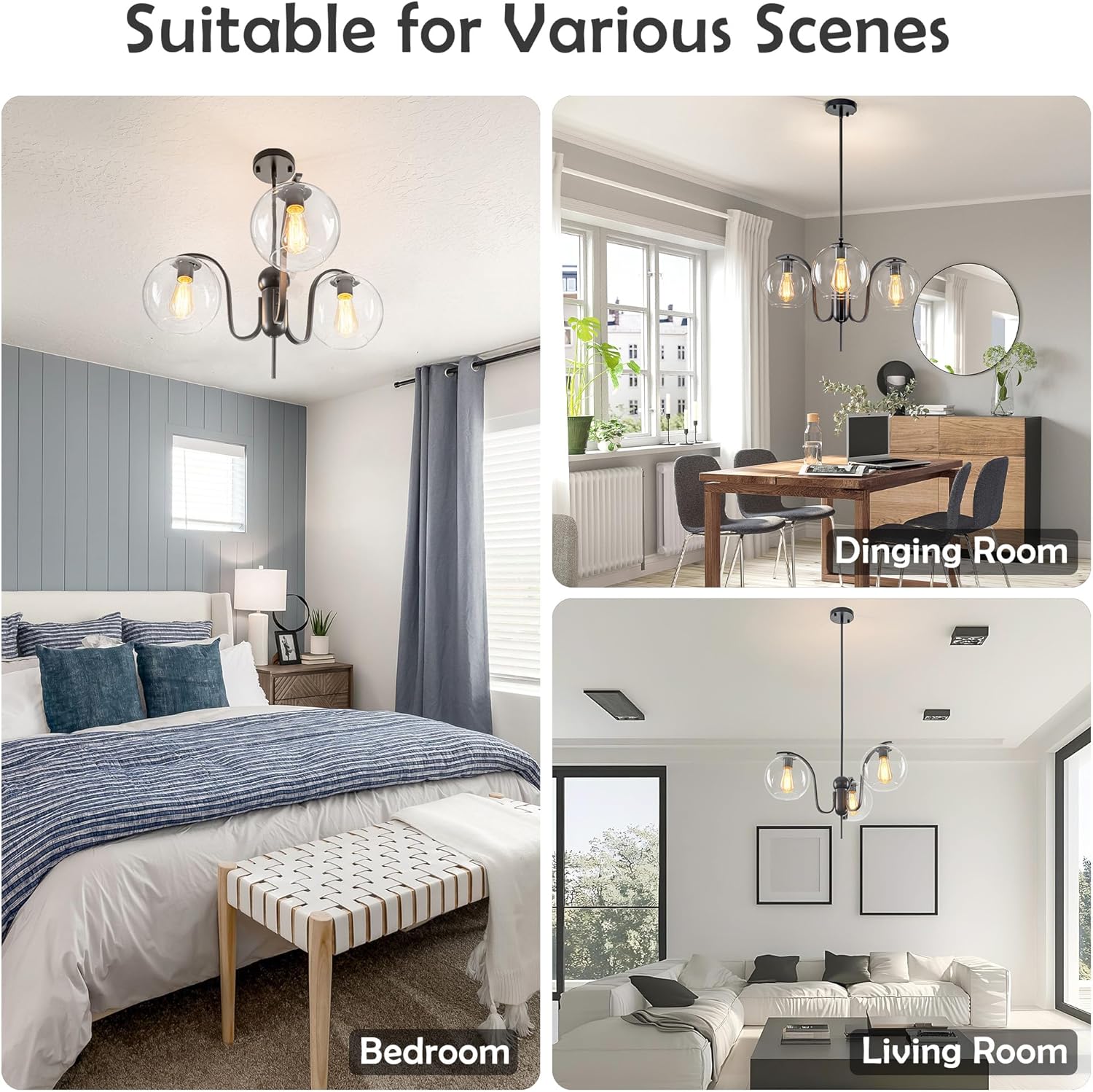 Modern 3-Light Clear Glass Globe Pendant Chandelier Adjustable Black Ceiling Light