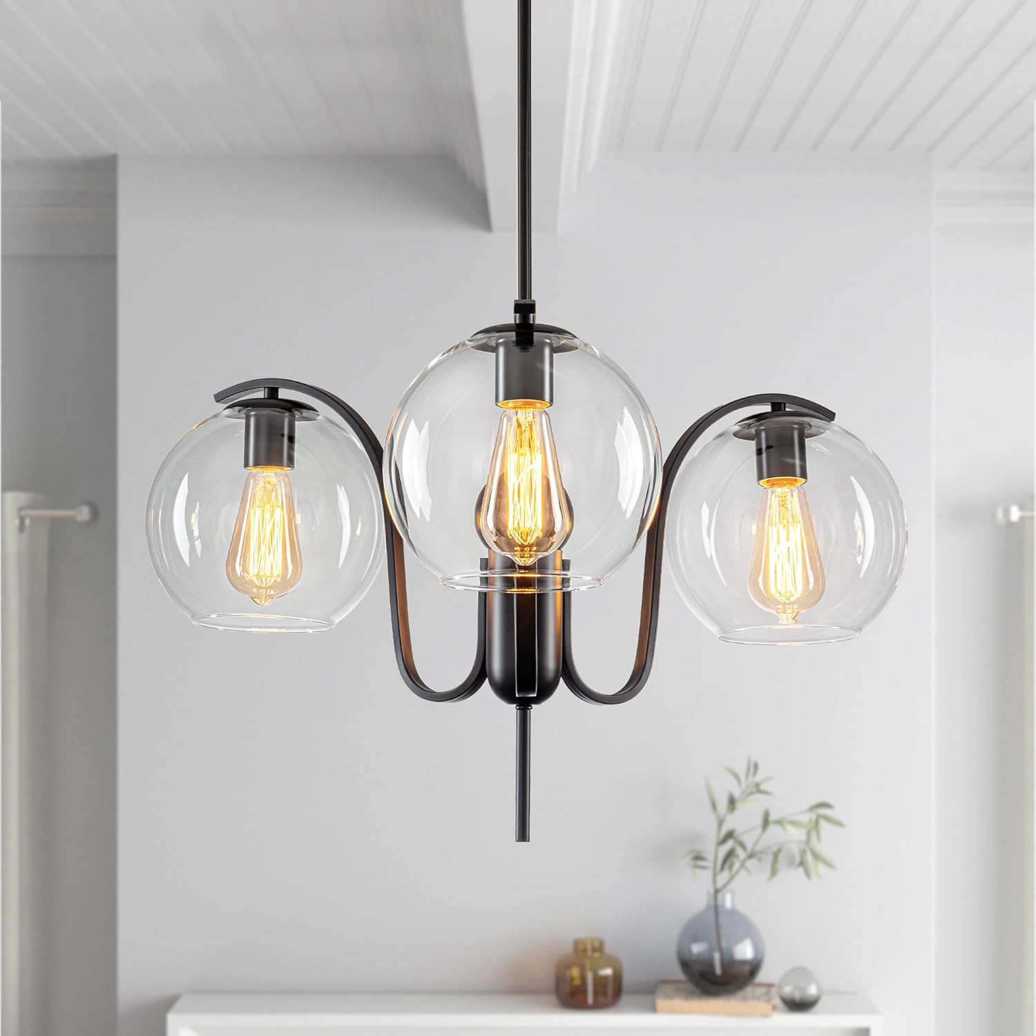 Modern 3-Light Clear Glass Globe Pendant Chandelier Adjustable Black Ceiling Light