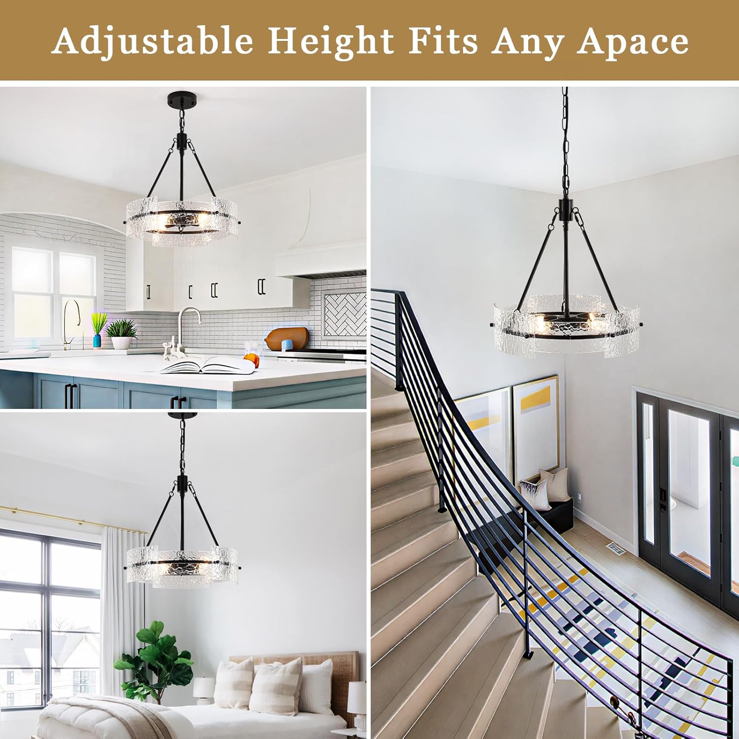 Modern Black Textured Glass Drum Chandelier Adjustable Pendant Ceiling Light