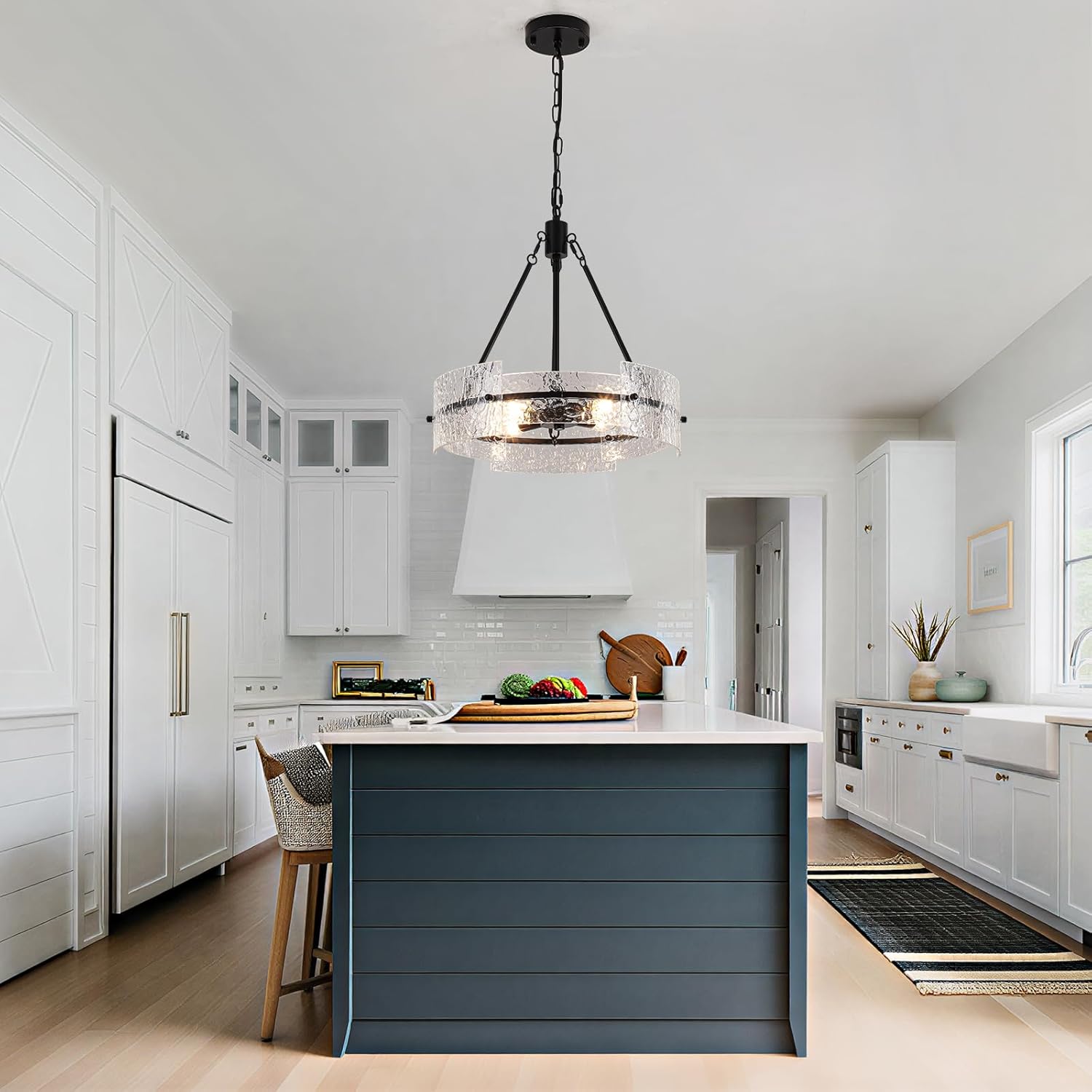 Modern Black Textured Glass Drum Chandelier Adjustable Pendant Ceiling Light