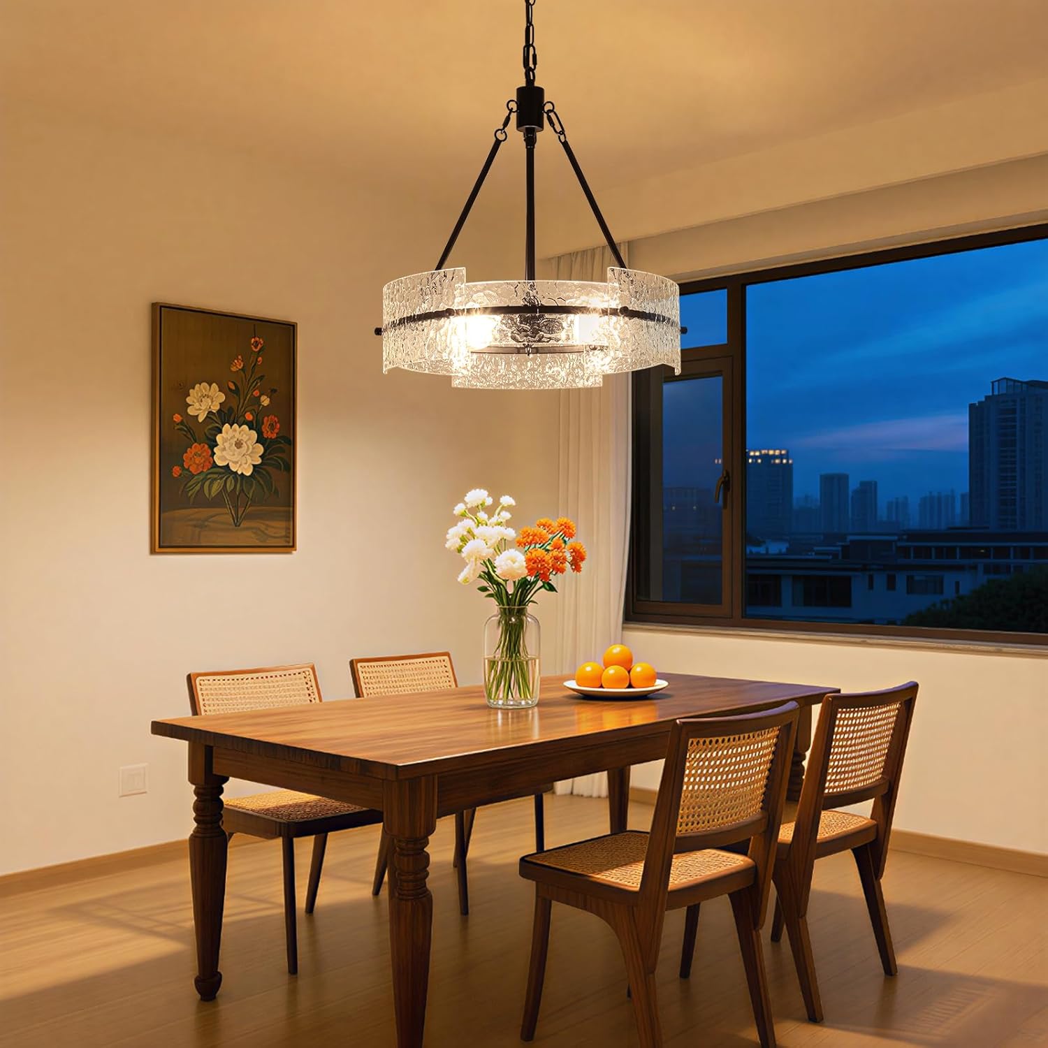Modern Black Textured Glass Drum Chandelier Adjustable Pendant Ceiling Light