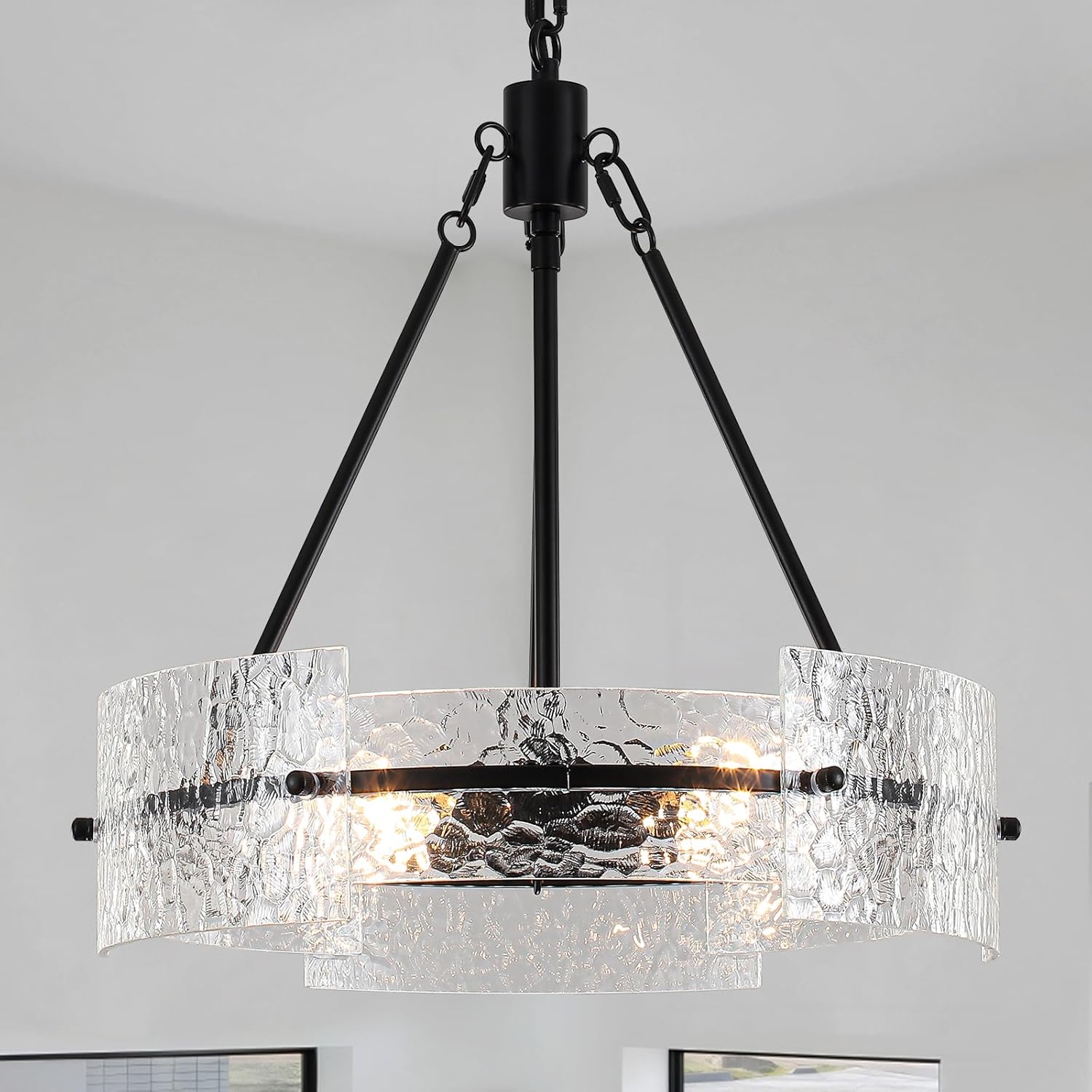 Modern Black Textured Glass Drum Chandelier Adjustable Pendant Ceiling Light