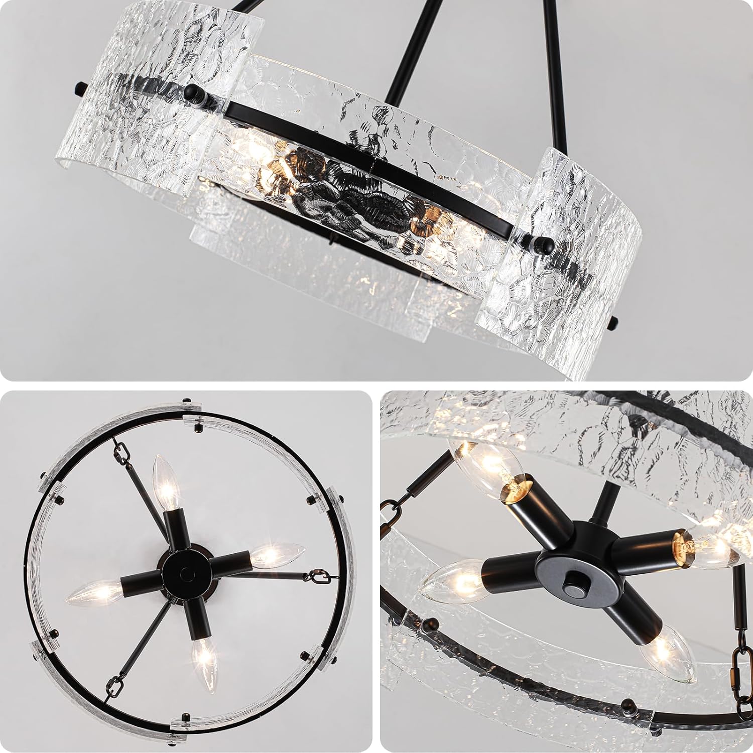 Modern Black Textured Glass Drum Chandelier Adjustable Pendant Ceiling Light