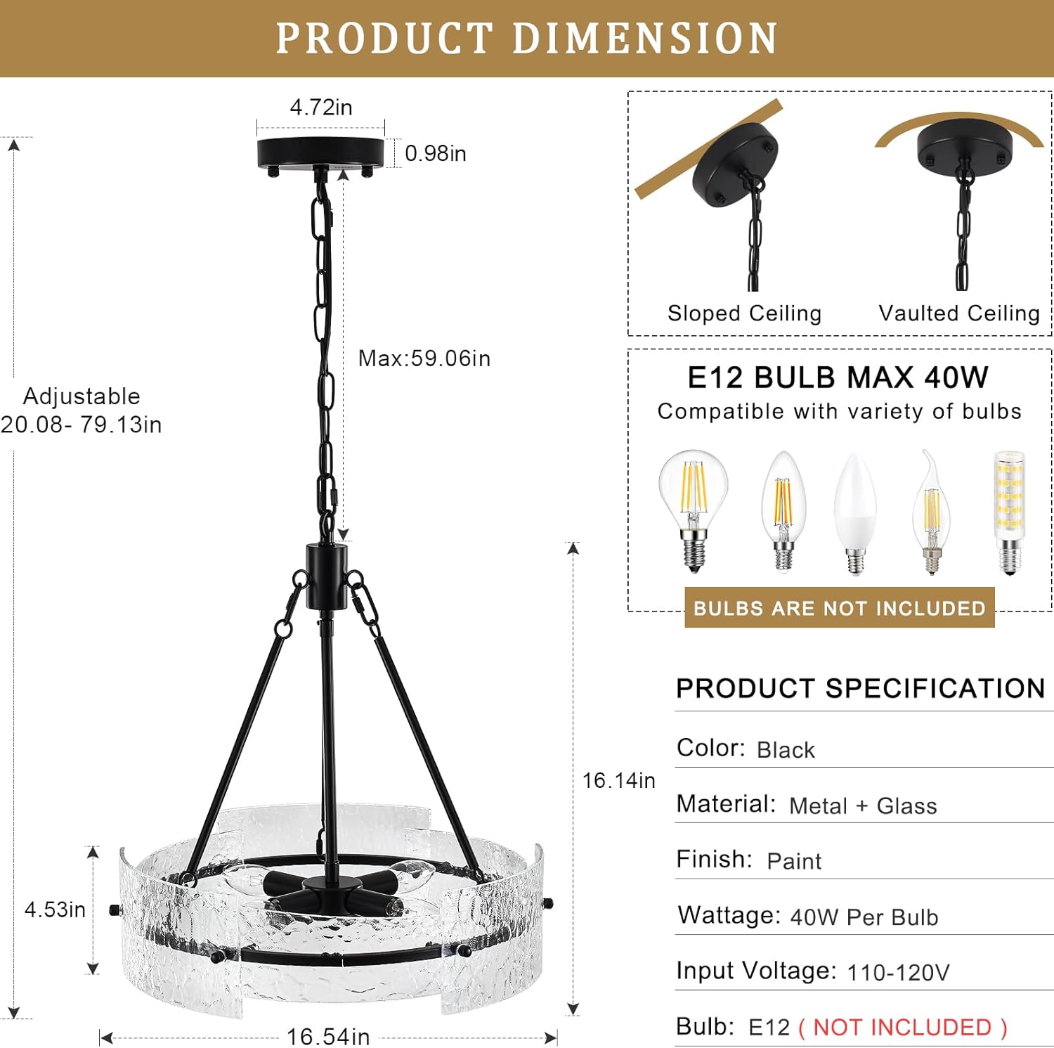 Modern Black Textured Glass Drum Chandelier Adjustable Pendant Ceiling Light