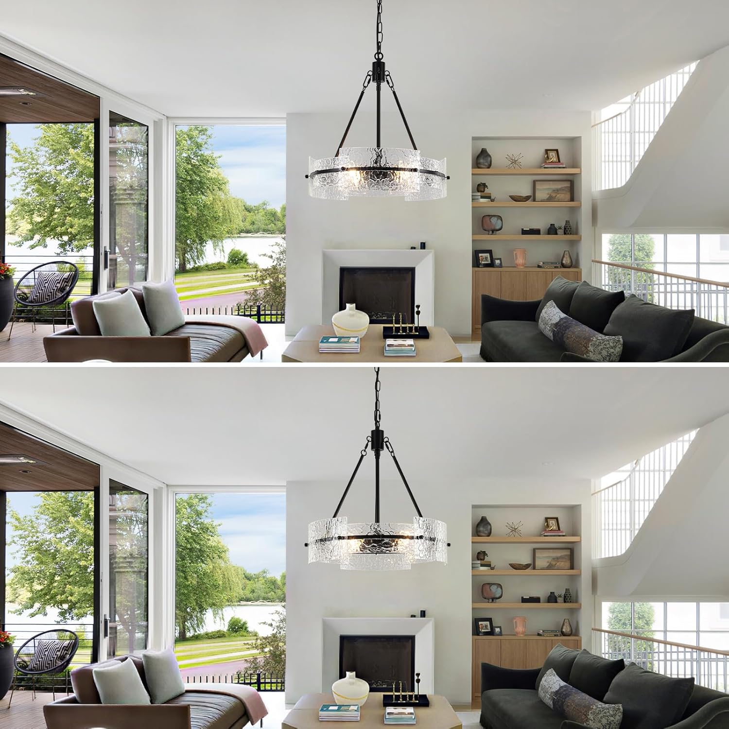 Modern Black Textured Glass Drum Chandelier Adjustable Pendant Ceiling Light