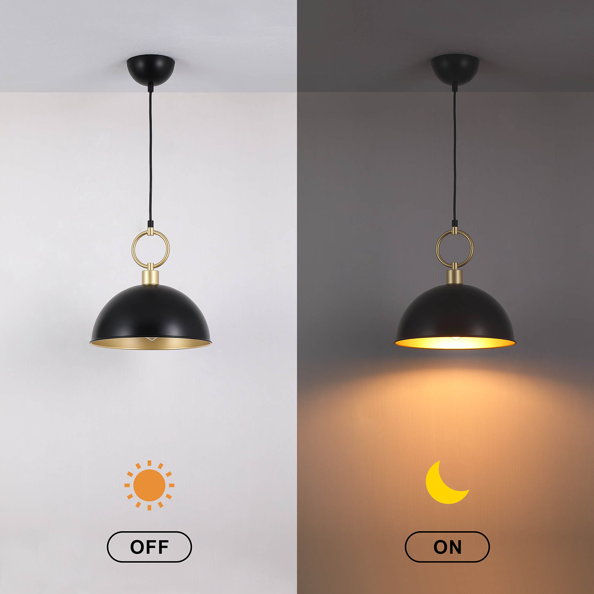 Modern Black and Gold Dome Pendant Light – Adjustable Hanging Ceiling Fixture with E26 Base for Kitchen Island, Dining Room, Bedroom