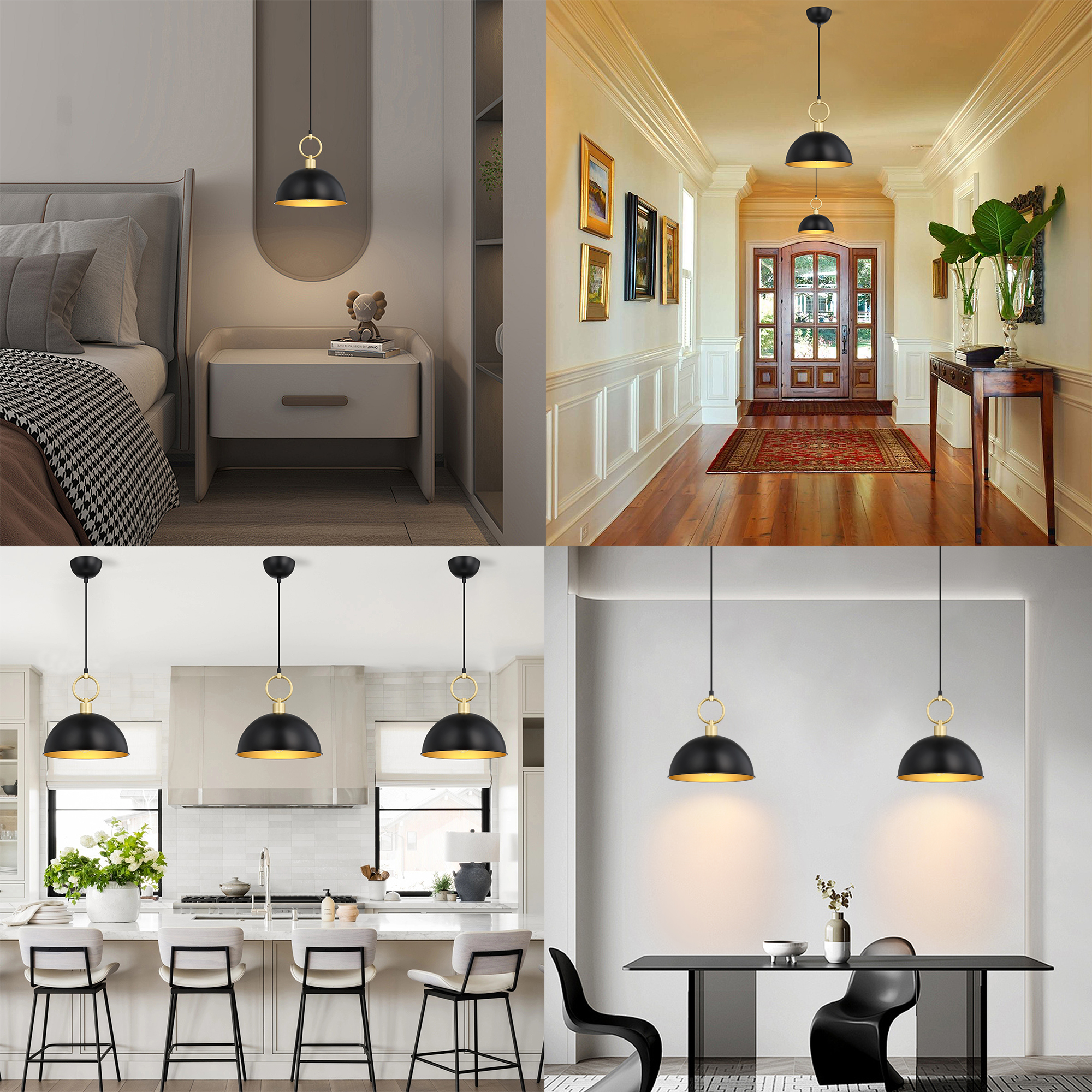 Modern Black and Gold Dome Pendant Light – Adjustable Hanging Ceiling Fixture with E26 Base for Kitchen Island, Dining Room, Bedroom