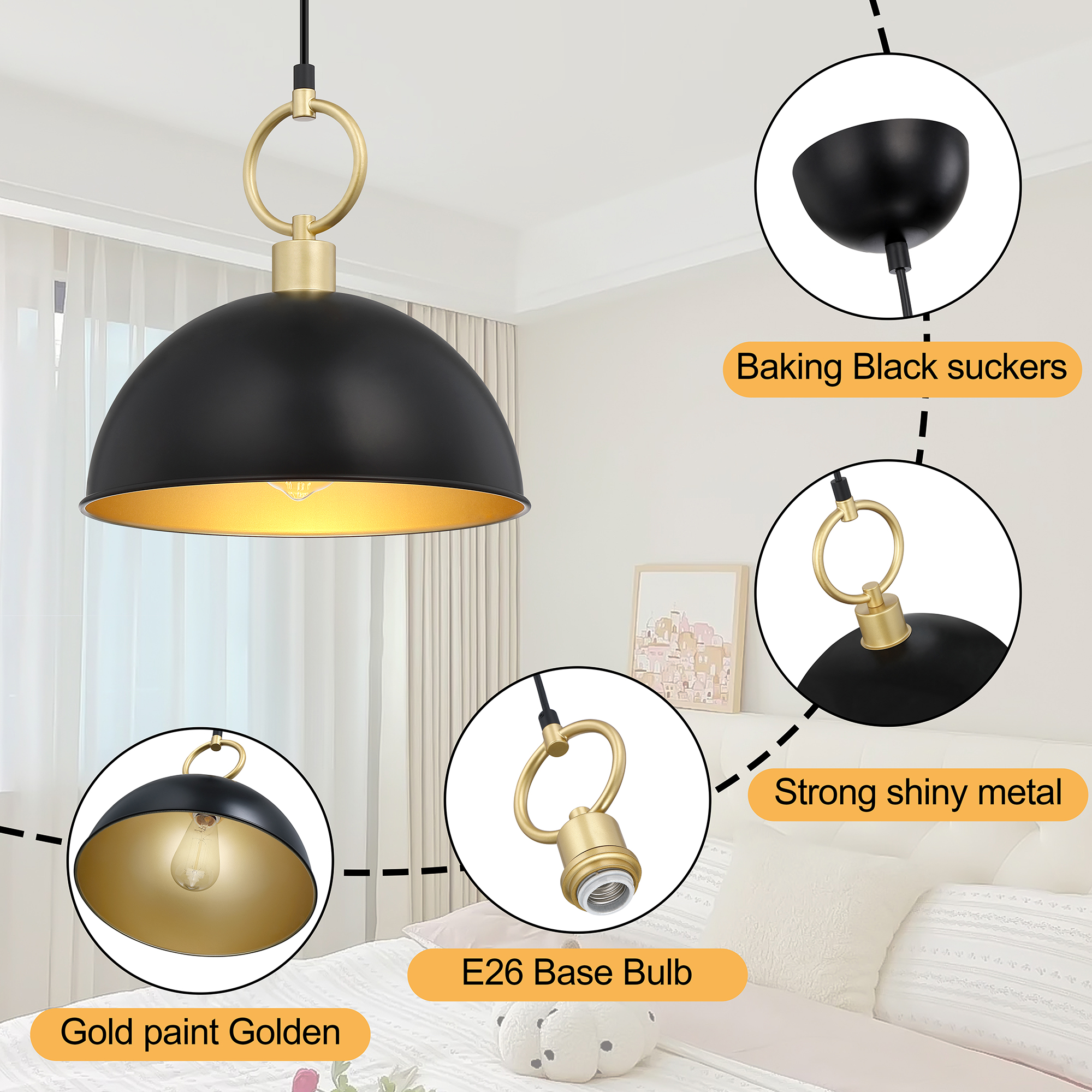 Modern Black and Gold Dome Pendant Light – Adjustable Hanging Ceiling Fixture with E26 Base for Kitchen Island, Dining Room, Bedroom
