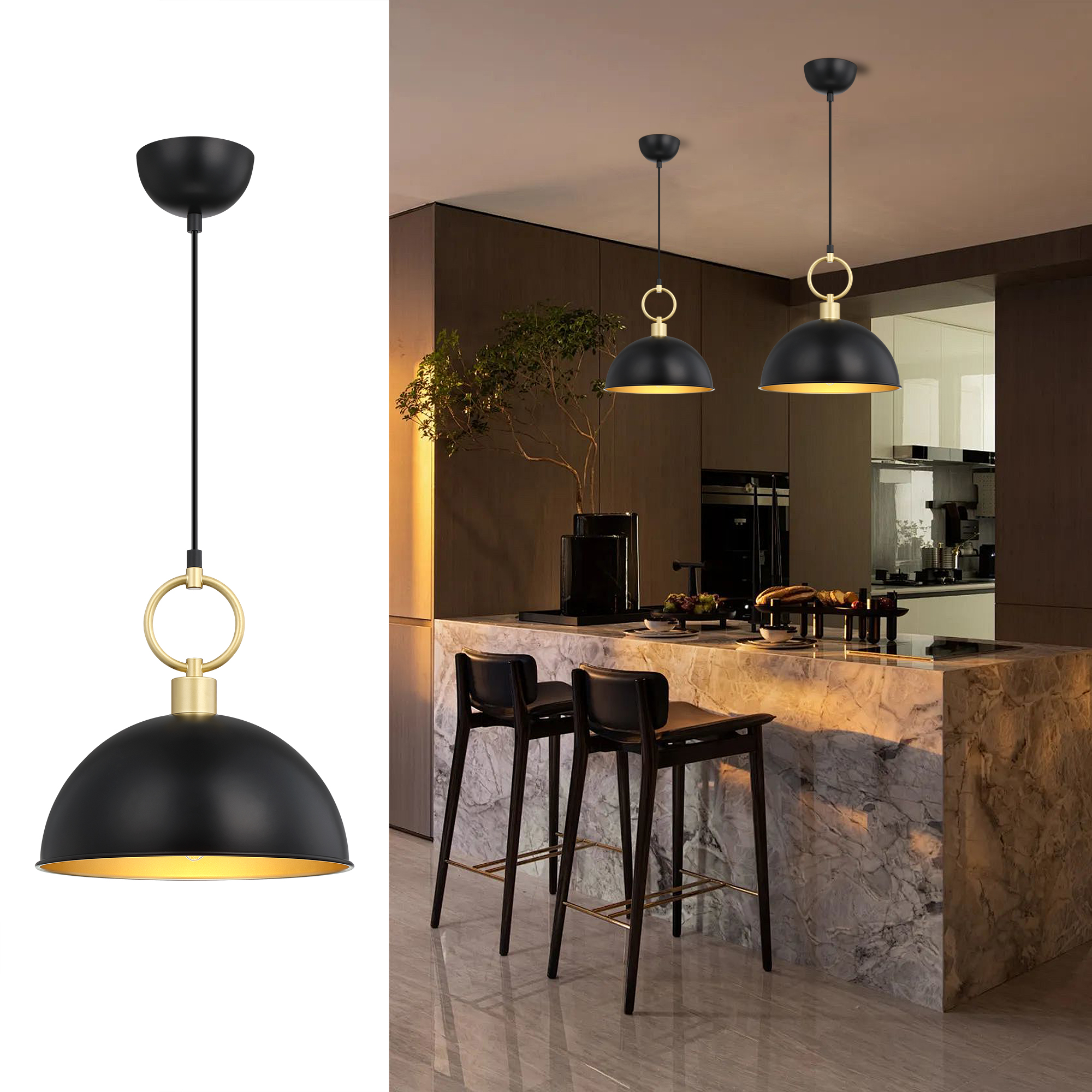 Modern Black and Gold Dome Pendant Light – Adjustable Hanging Ceiling Fixture with E26 Base for Kitchen Island, Dining Room, Bedroom