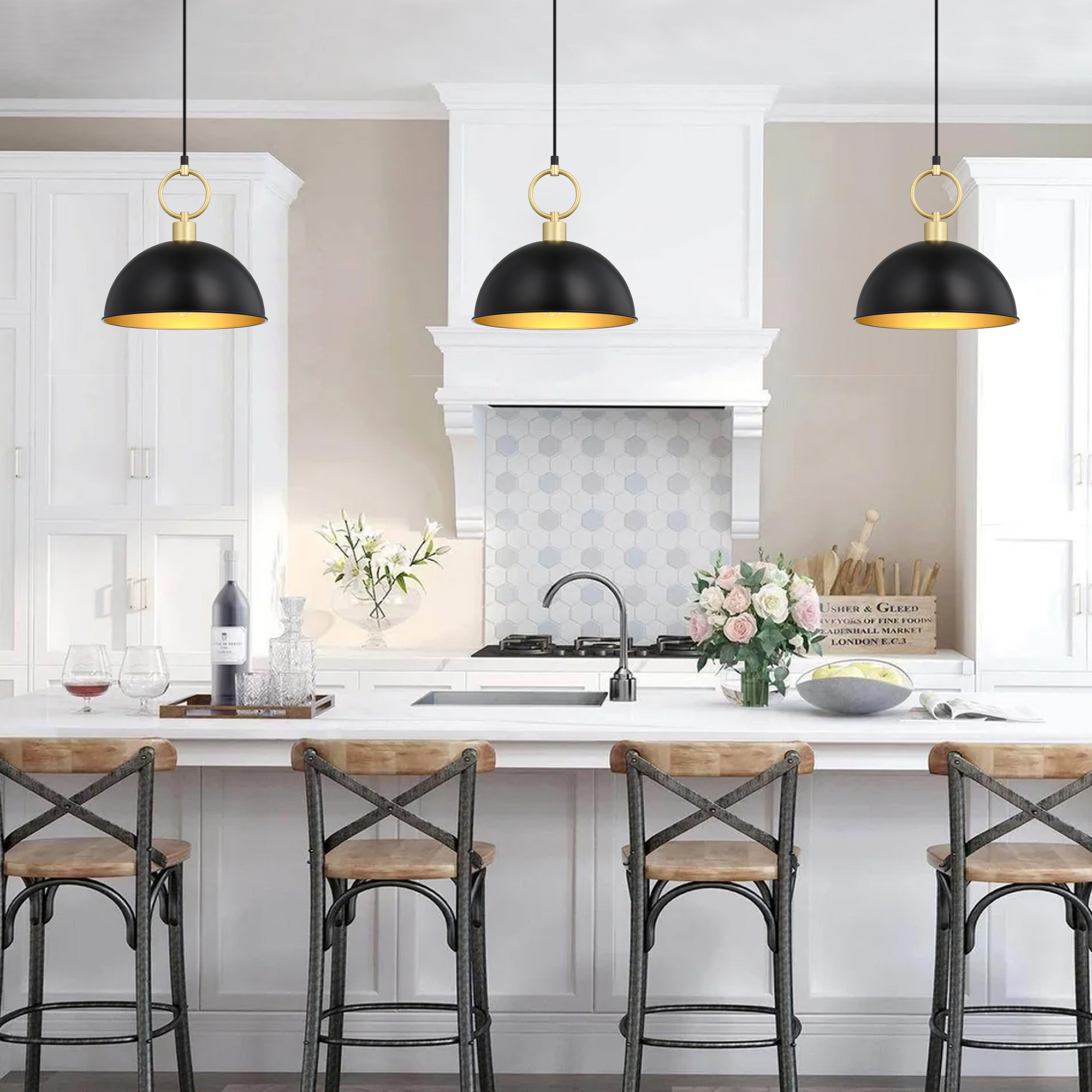 Modern Black and Gold Dome Pendant Light – Adjustable Hanging Ceiling Fixture with E26 Base for Kitchen Island, Dining Room, Bedroom