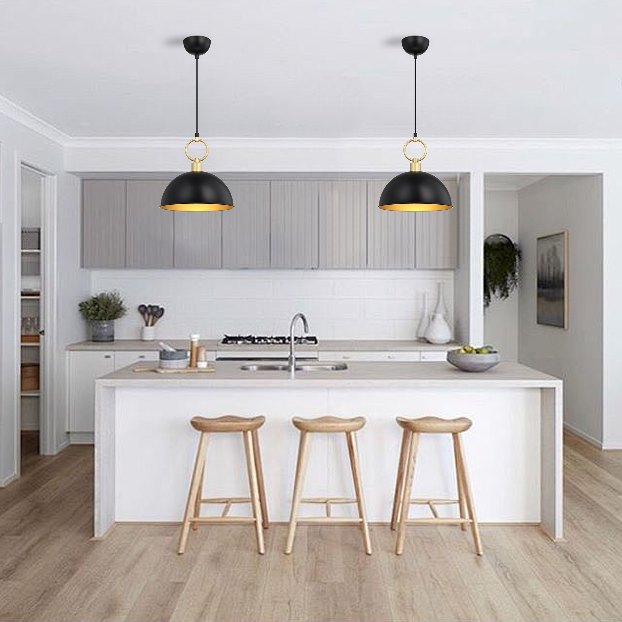 Modern Black and Gold Dome Pendant Light – Adjustable Hanging Ceiling Fixture with E26 Base for Kitchen Island, Dining Room, Bedroom