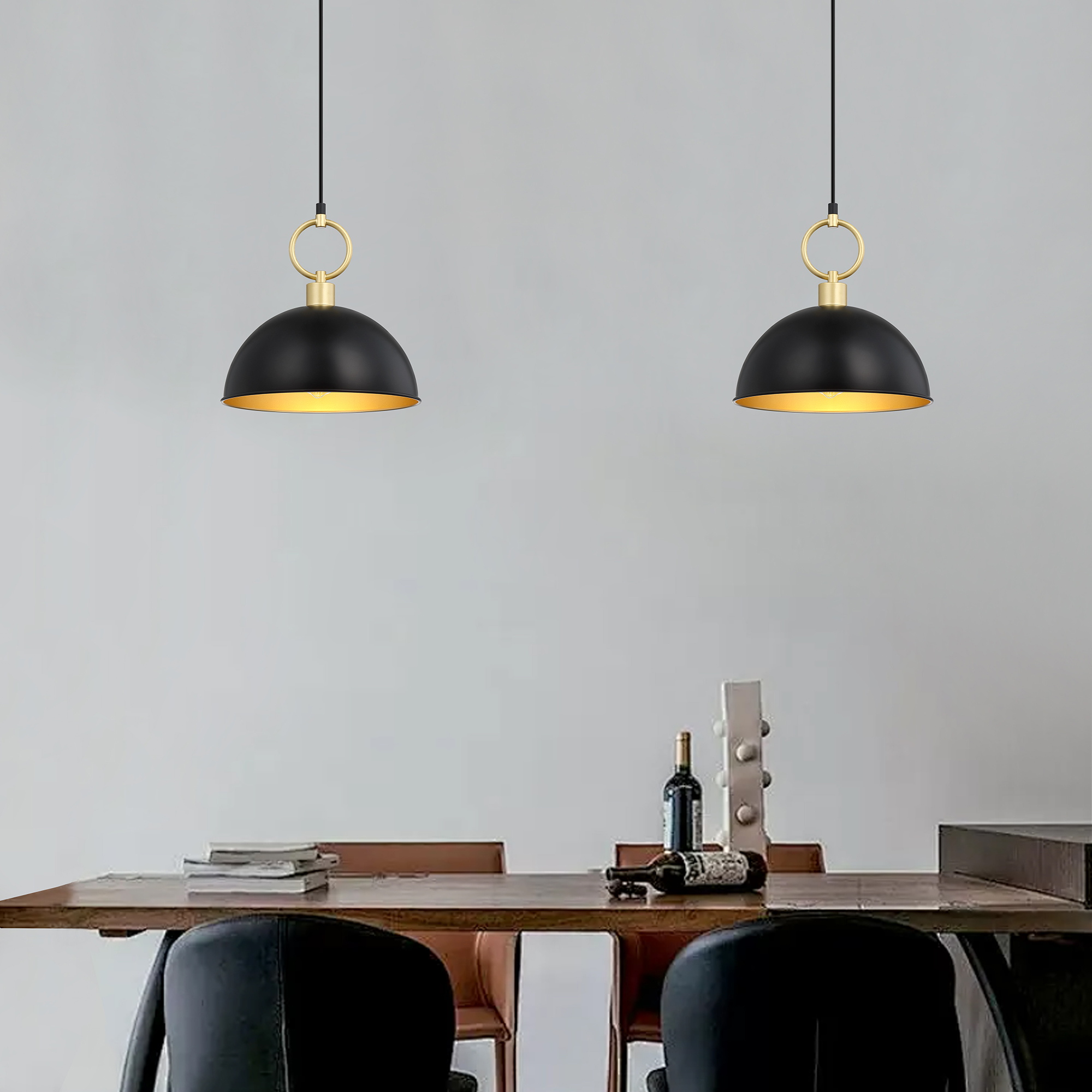 Modern Black and Gold Dome Pendant Light – Adjustable Hanging Ceiling Fixture with E26 Base for Kitchen Island, Dining Room, Bedroom