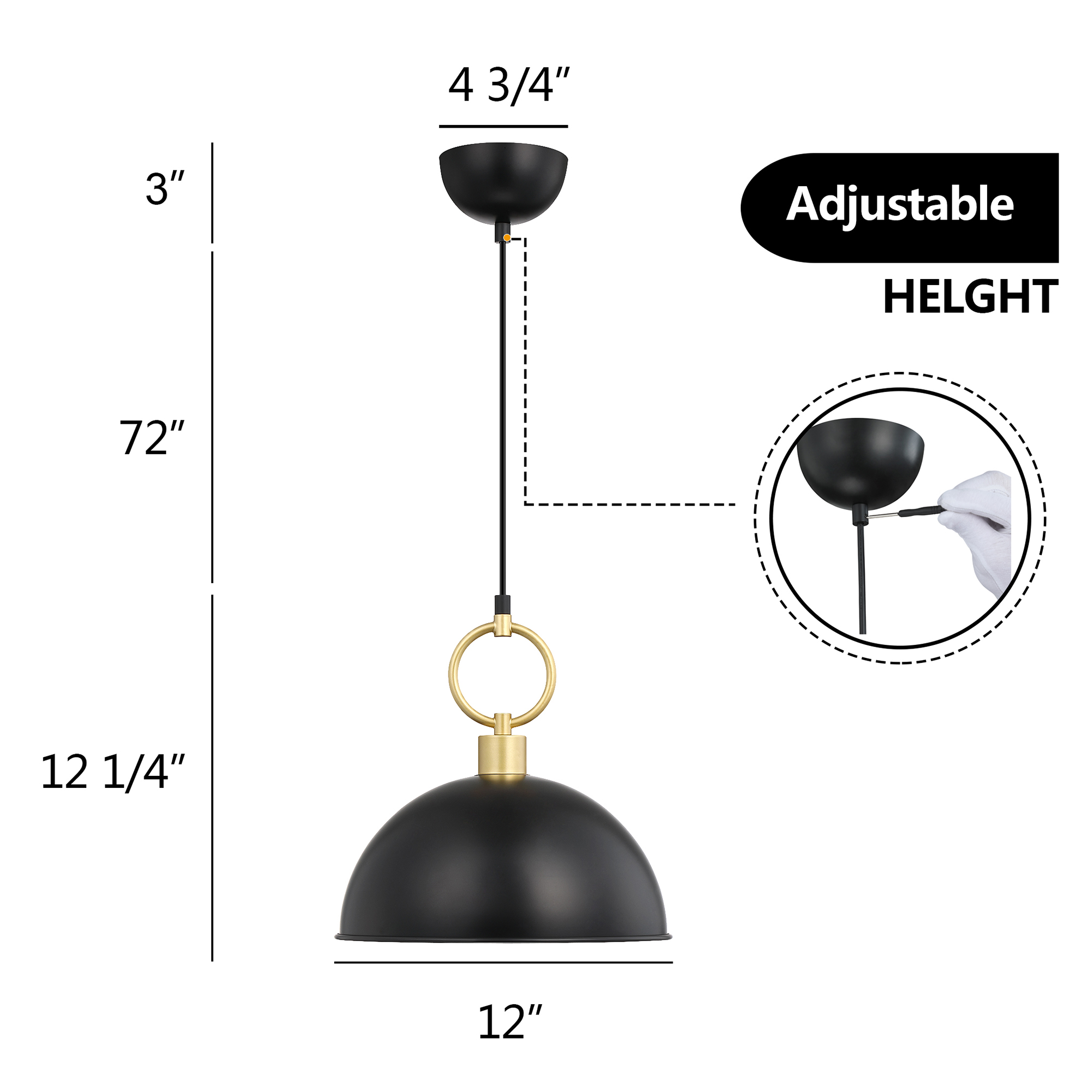 Modern Black and Gold Dome Pendant Light – Adjustable Hanging Ceiling Fixture with E26 Base for Kitchen Island, Dining Room, Bedroom