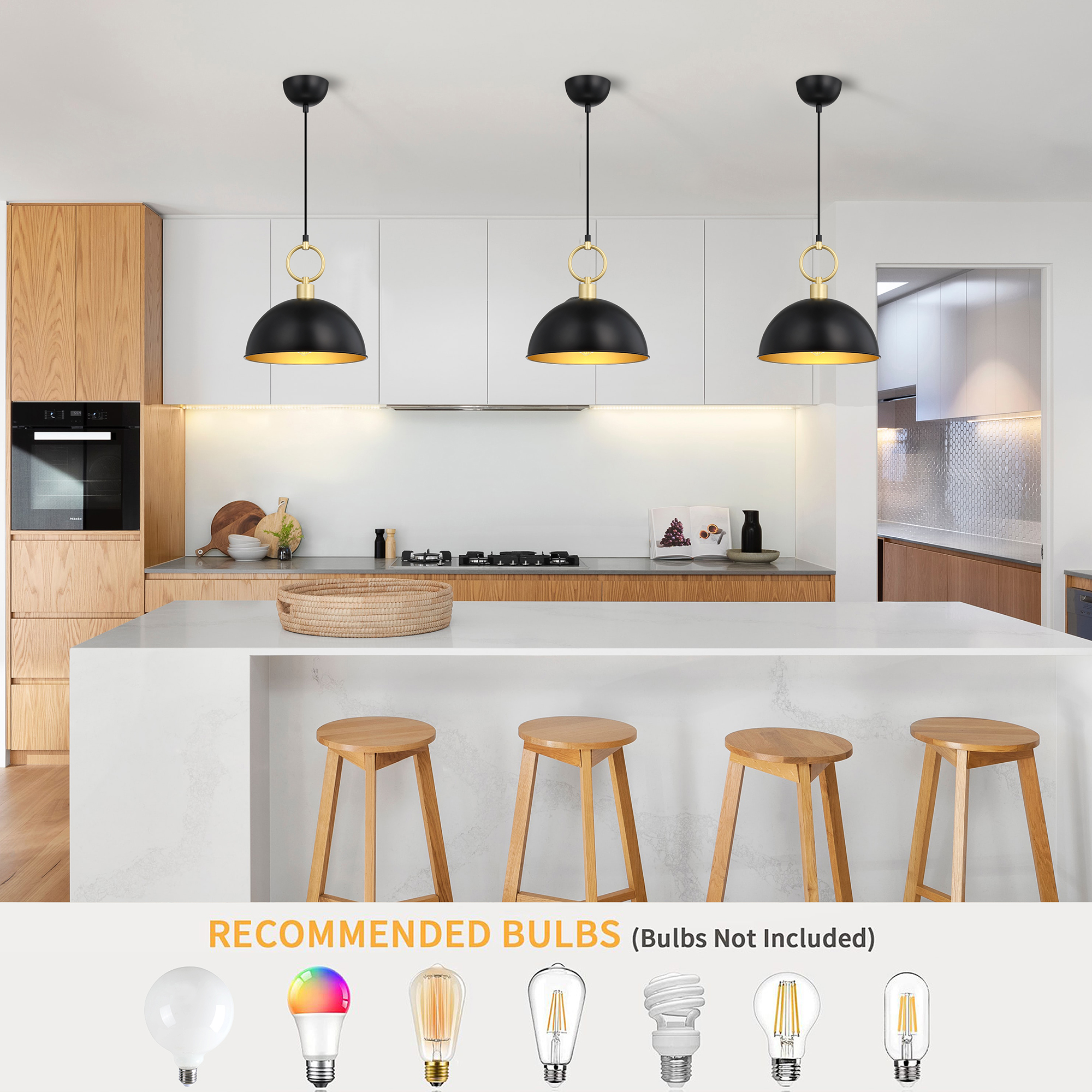 Modern Black and Gold Dome Pendant Light – Adjustable Hanging Ceiling Fixture with E26 Base for Kitchen Island, Dining Room, Bedroom