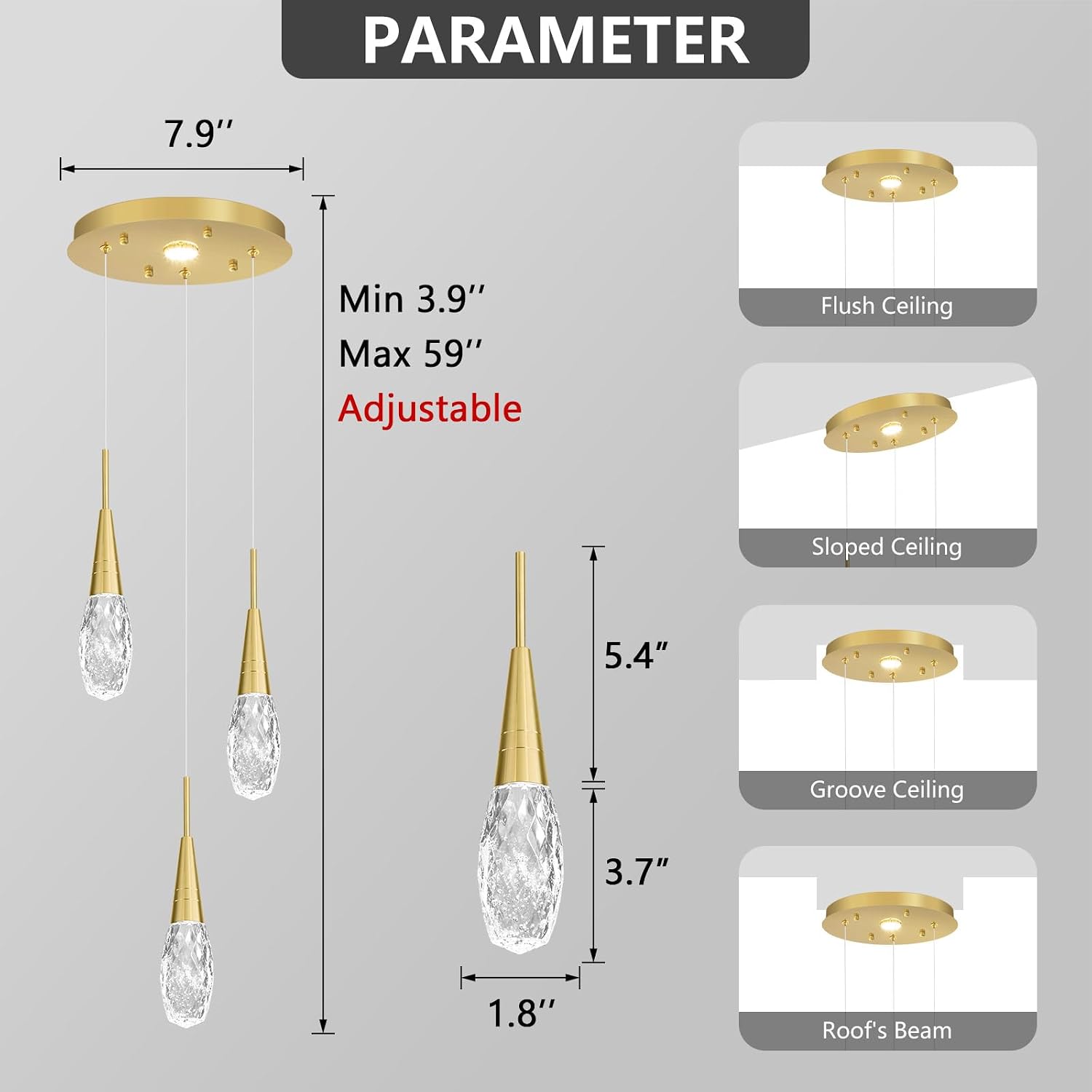 Modern 4-Light Gold Crystal LED Cluster Pendant Light Adjustable Dimmable Ceiling Fixture with Remote