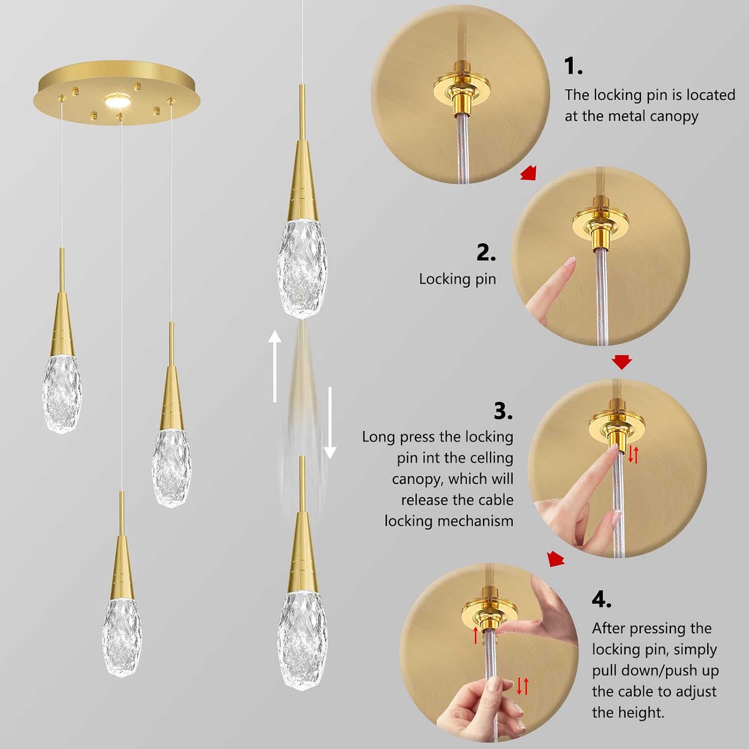 Modern 4-Light Gold Crystal LED Cluster Pendant Light Adjustable Dimmable Ceiling Fixture with Remote