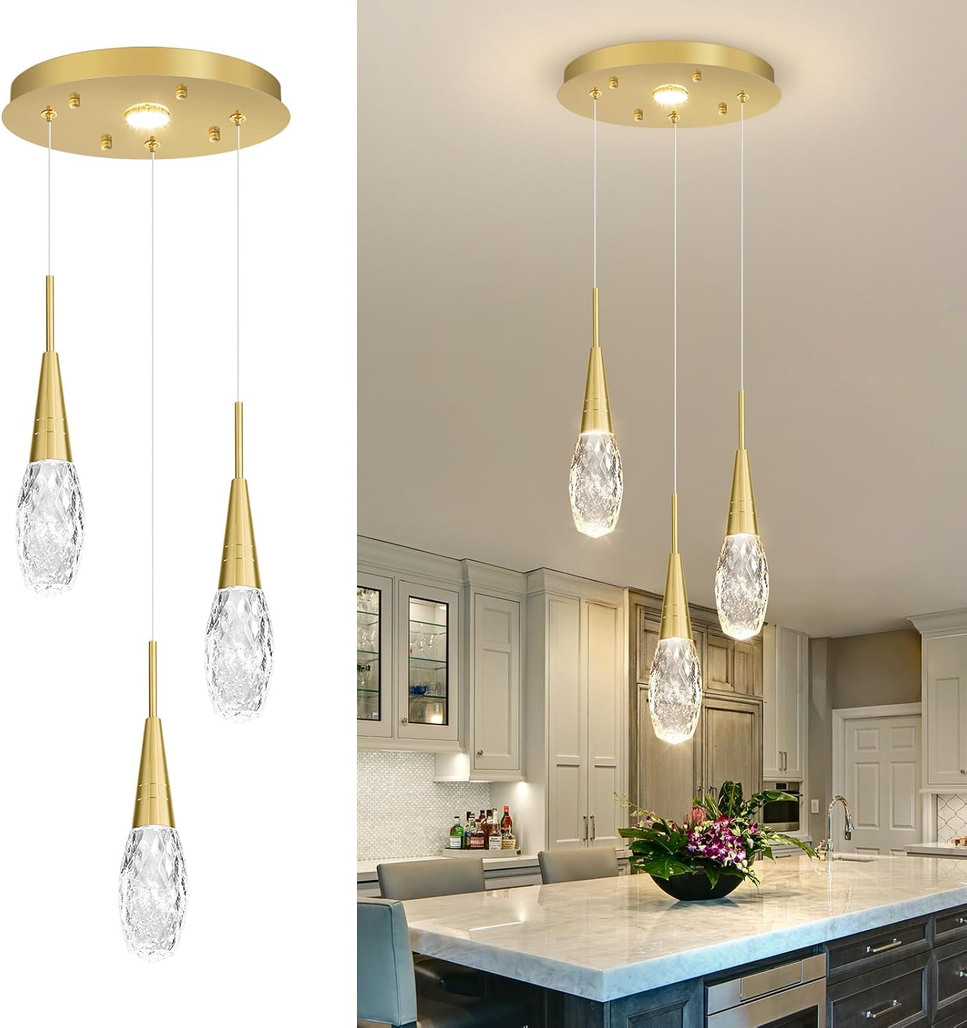 Modern 4-Light Gold Crystal LED Cluster Pendant Light Adjustable Dimmable Ceiling Fixture with Remote