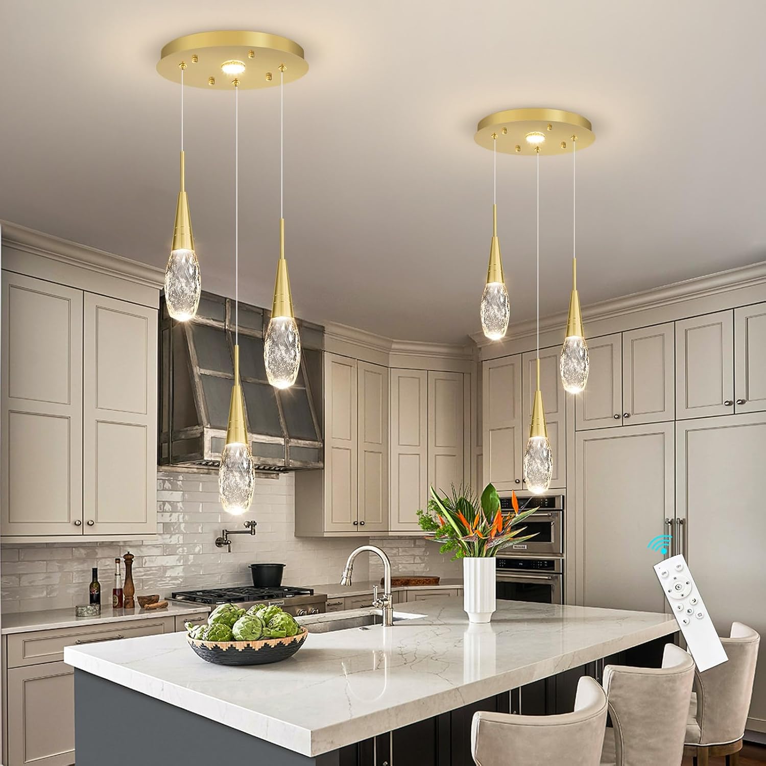 Modern 4-Light Gold Crystal LED Cluster Pendant Light Adjustable Dimmable Ceiling Fixture with Remote