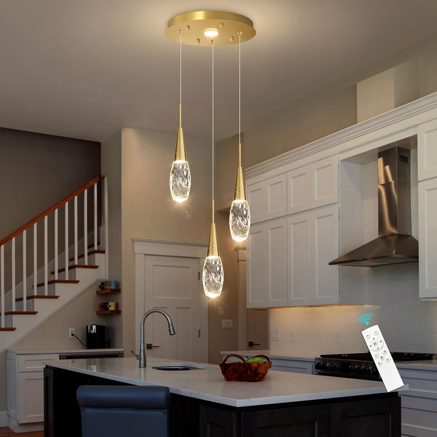 Modern 4-Light Gold Crystal LED Cluster Pendant Light Adjustable Dimmable Ceiling Fixture with Remote