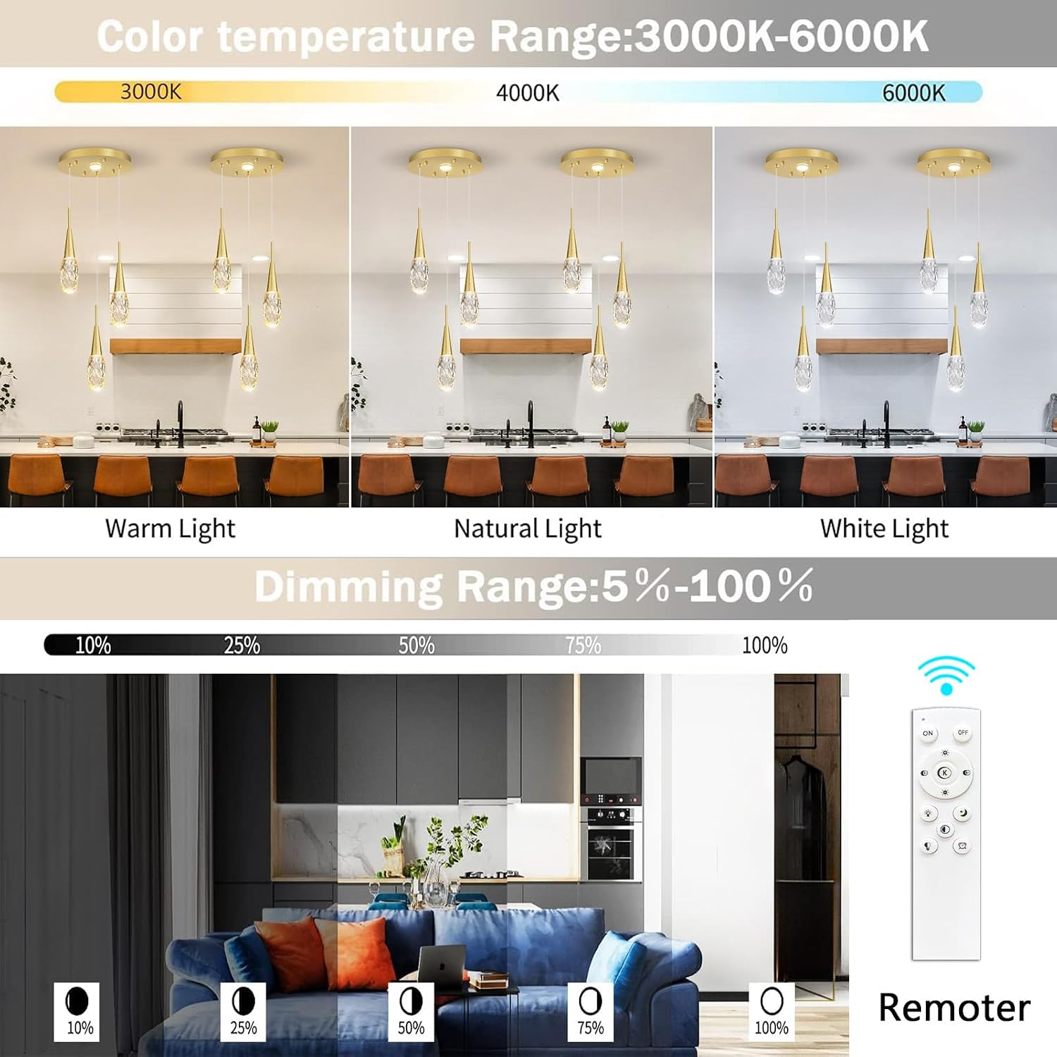 Modern 4-Light Gold Crystal LED Cluster Pendant Light Adjustable Dimmable Ceiling Fixture with Remote