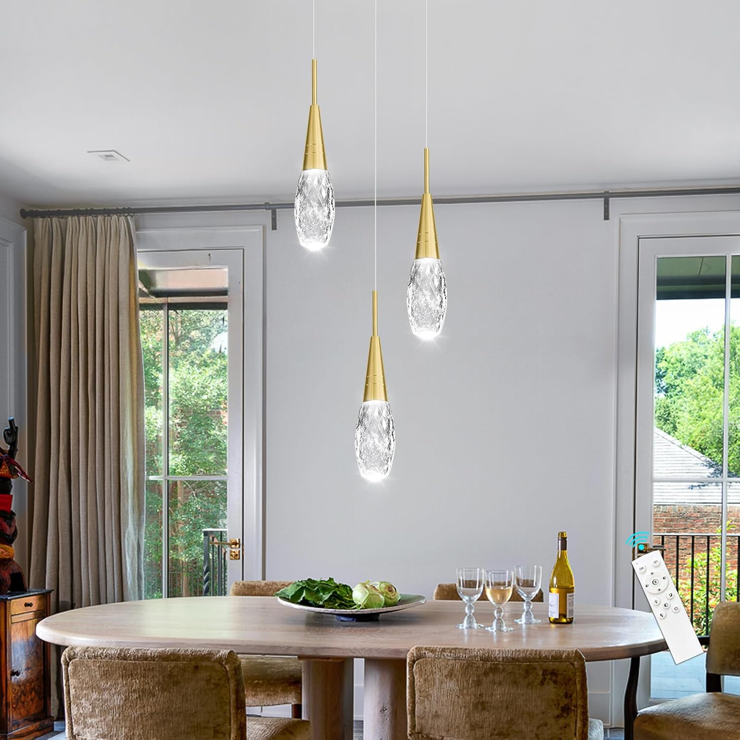 Modern 4-Light Gold Crystal LED Cluster Pendant Light Adjustable Dimmable Ceiling Fixture with Remote